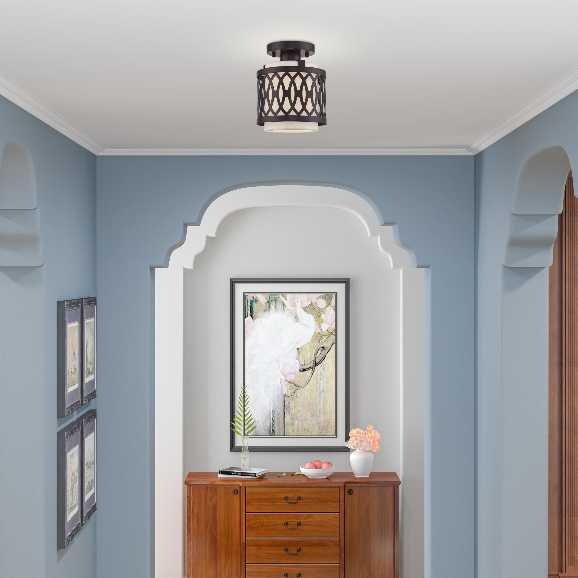 Shown in English Bronze finish and Hand Crafted Oatmeal Color Hardback shade