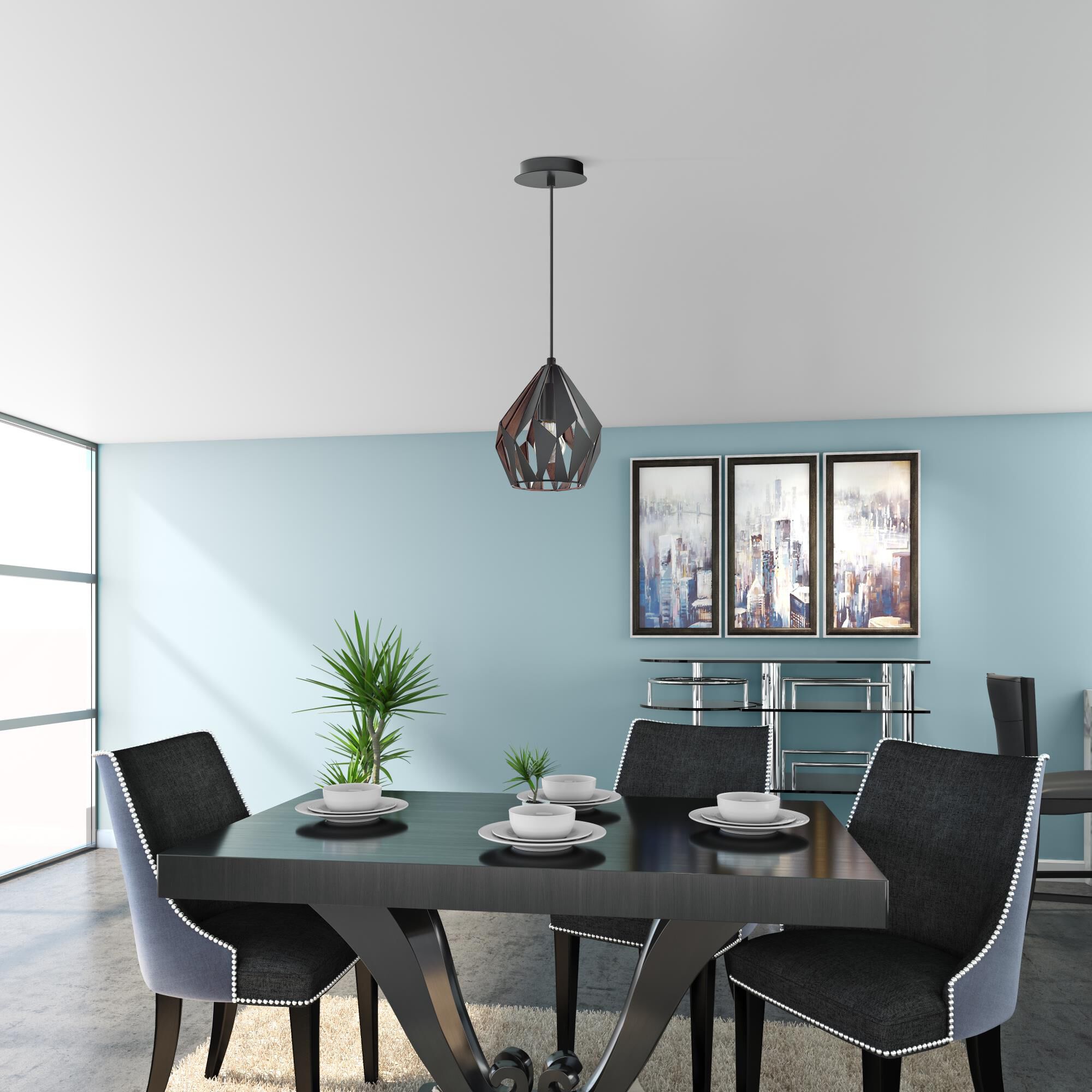 Shown in Matte Black & Copper finish and Dome shade