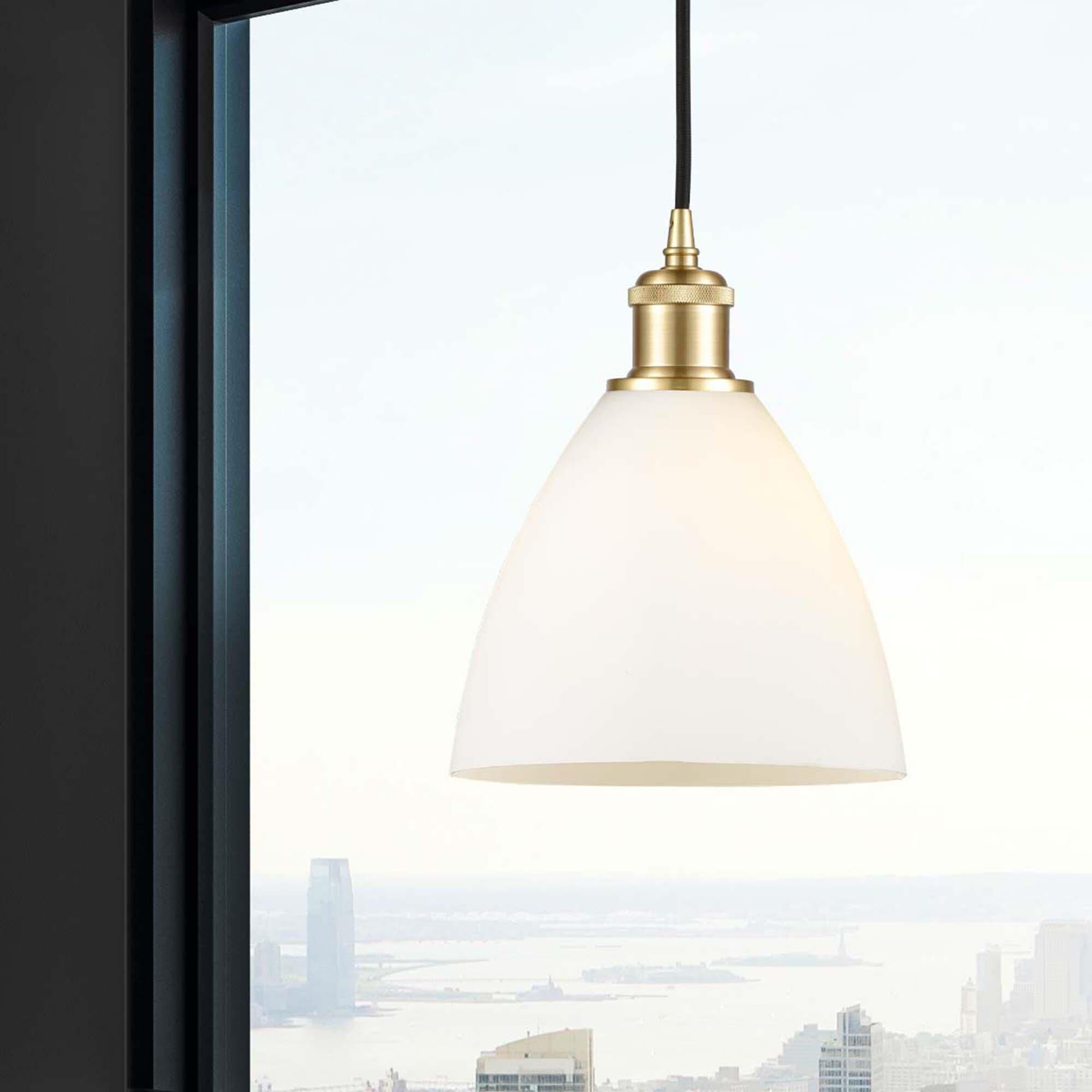 Shown in Satin Gold finish and Matte White glass