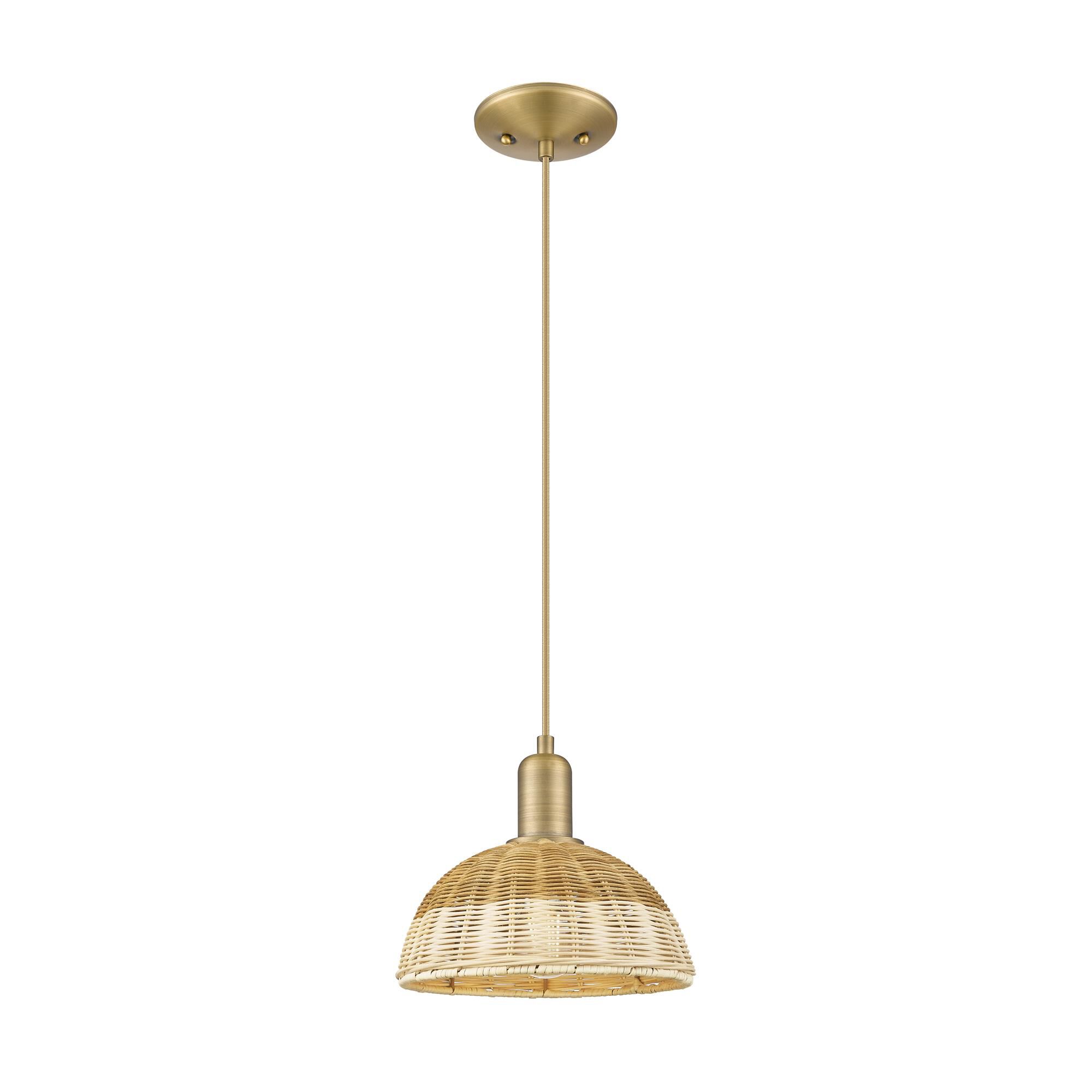Shown in Brushed Brass finish and Natural Fiber shade