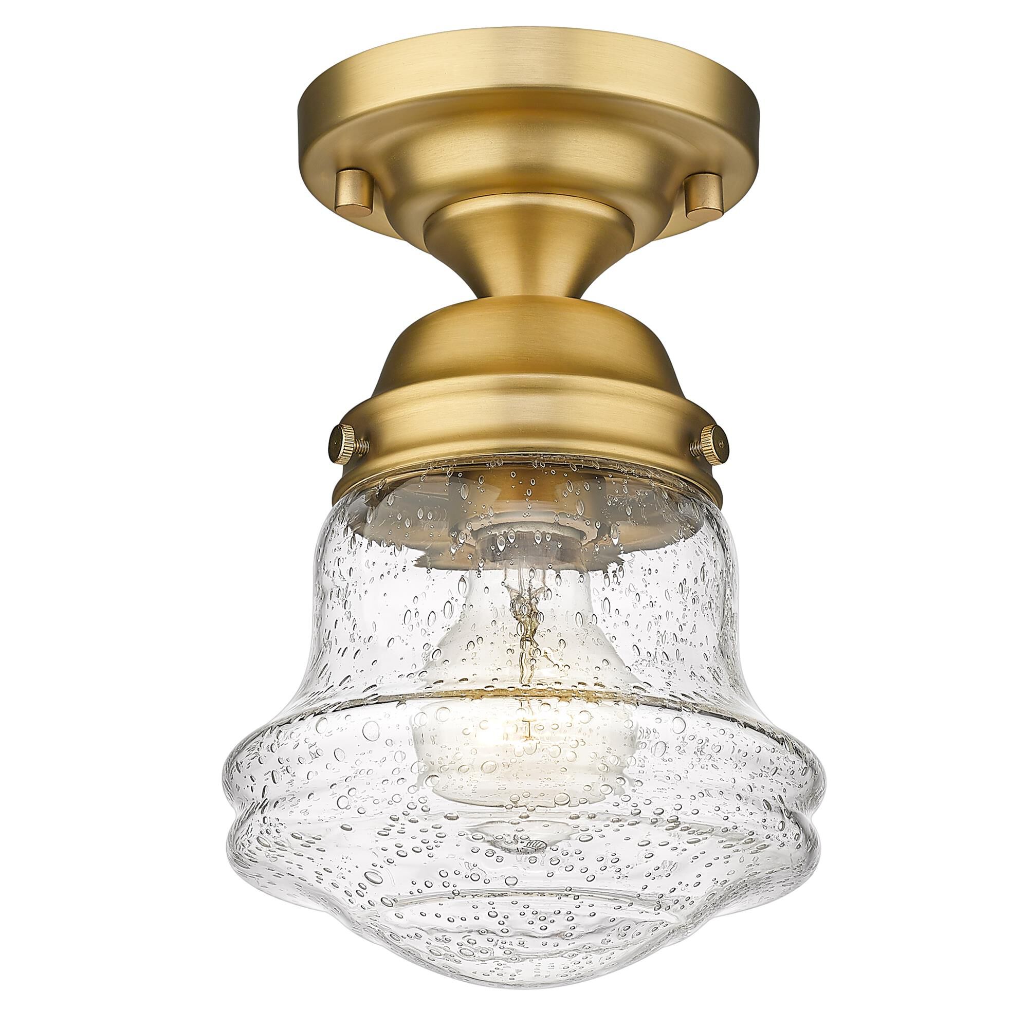 Shown in Heritage Brass finish and Clear Seedy glass