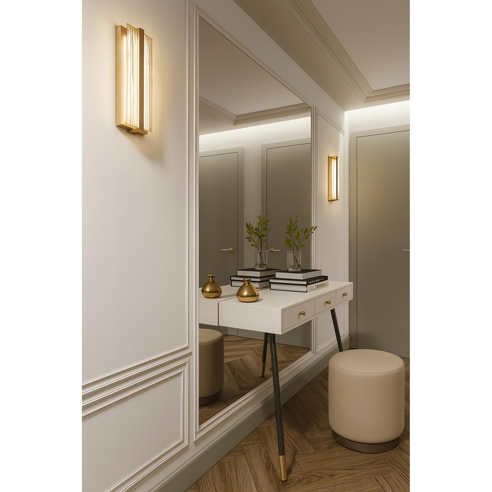 Shown in Light Antique Brass finish and Frosted Clear Acrylic glass