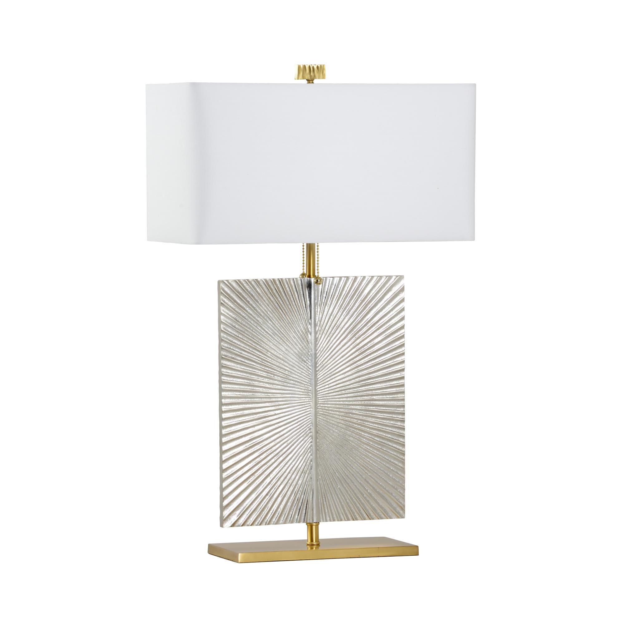 Shown in Silver Leaf-Antique Brass finish and Off White Linen shade