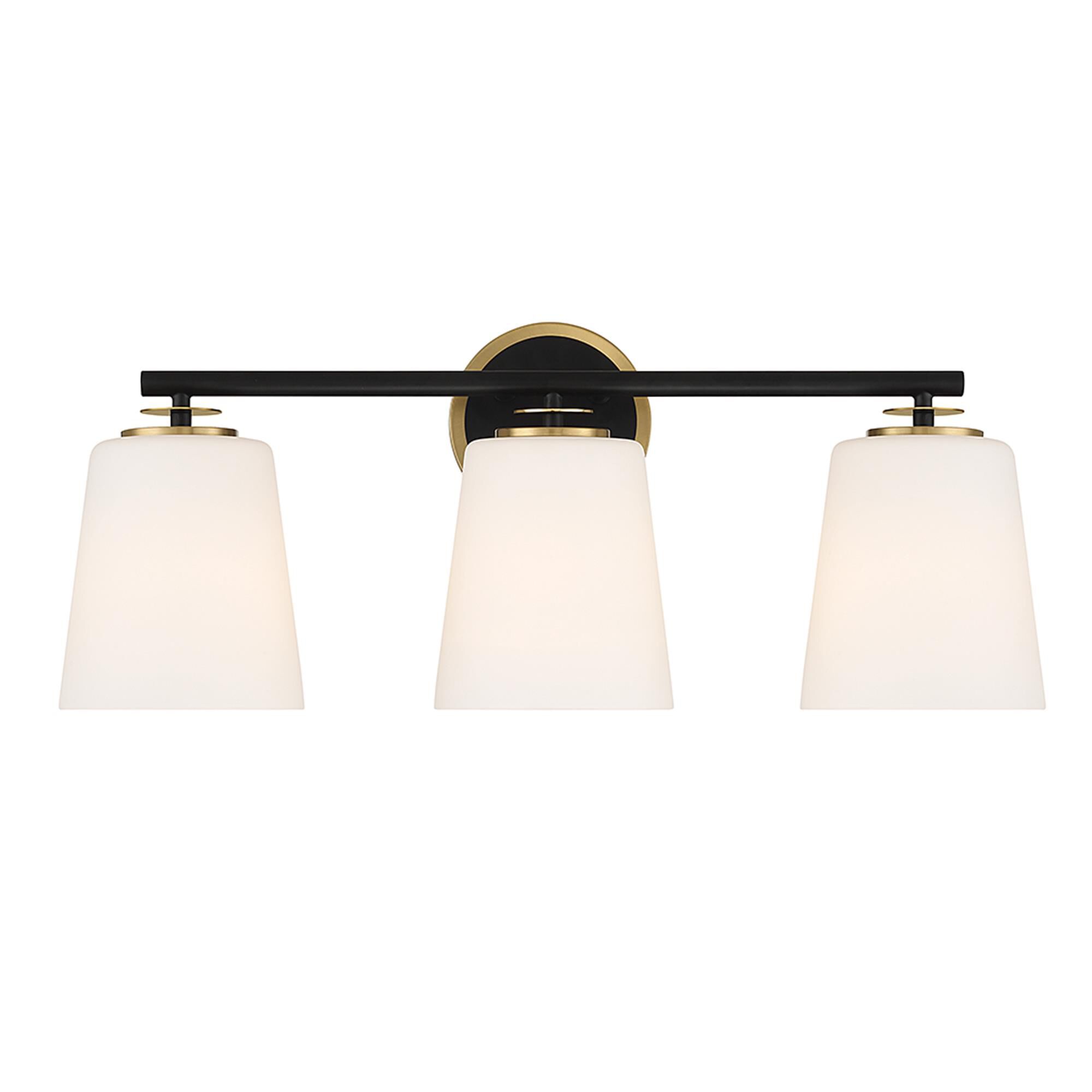 Shown in Matte Black and Natural Brass finish and White Opal glass