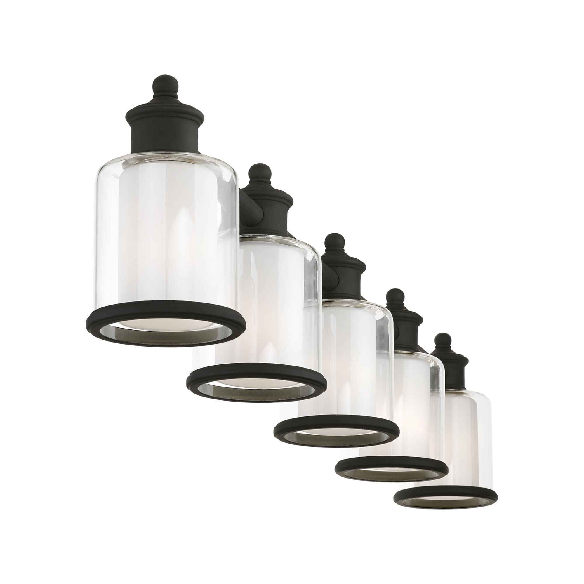 Shown in Black finish and Hand Blown Clear Outer  & Satin Opal White Inner glass and Hand Blown Clear Outer Glass & Satin Opal White Inner Glass shade