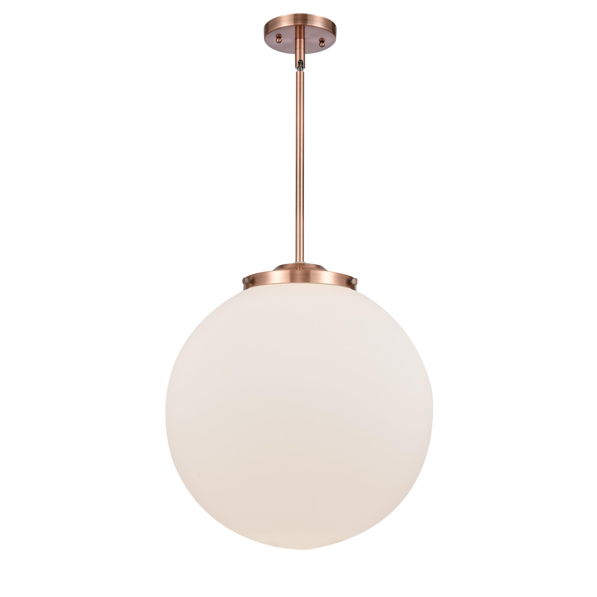 Shown in Antique Copper finish and Matte White Cased Beacon glass