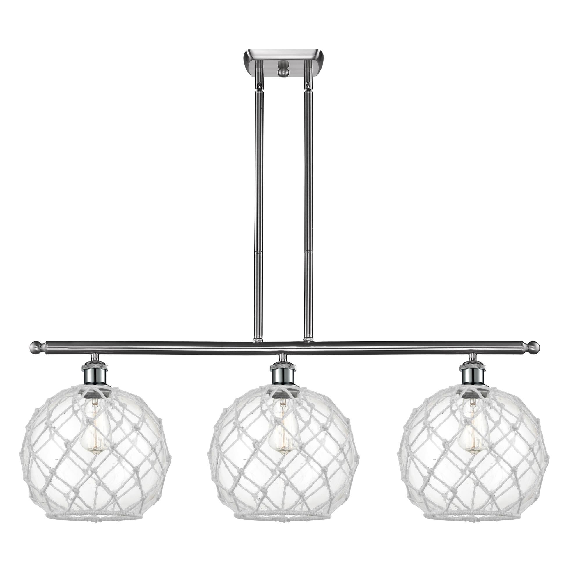 Shown in Brushed Satin Nickel finish and Sphere glass and Glass And Rope shade