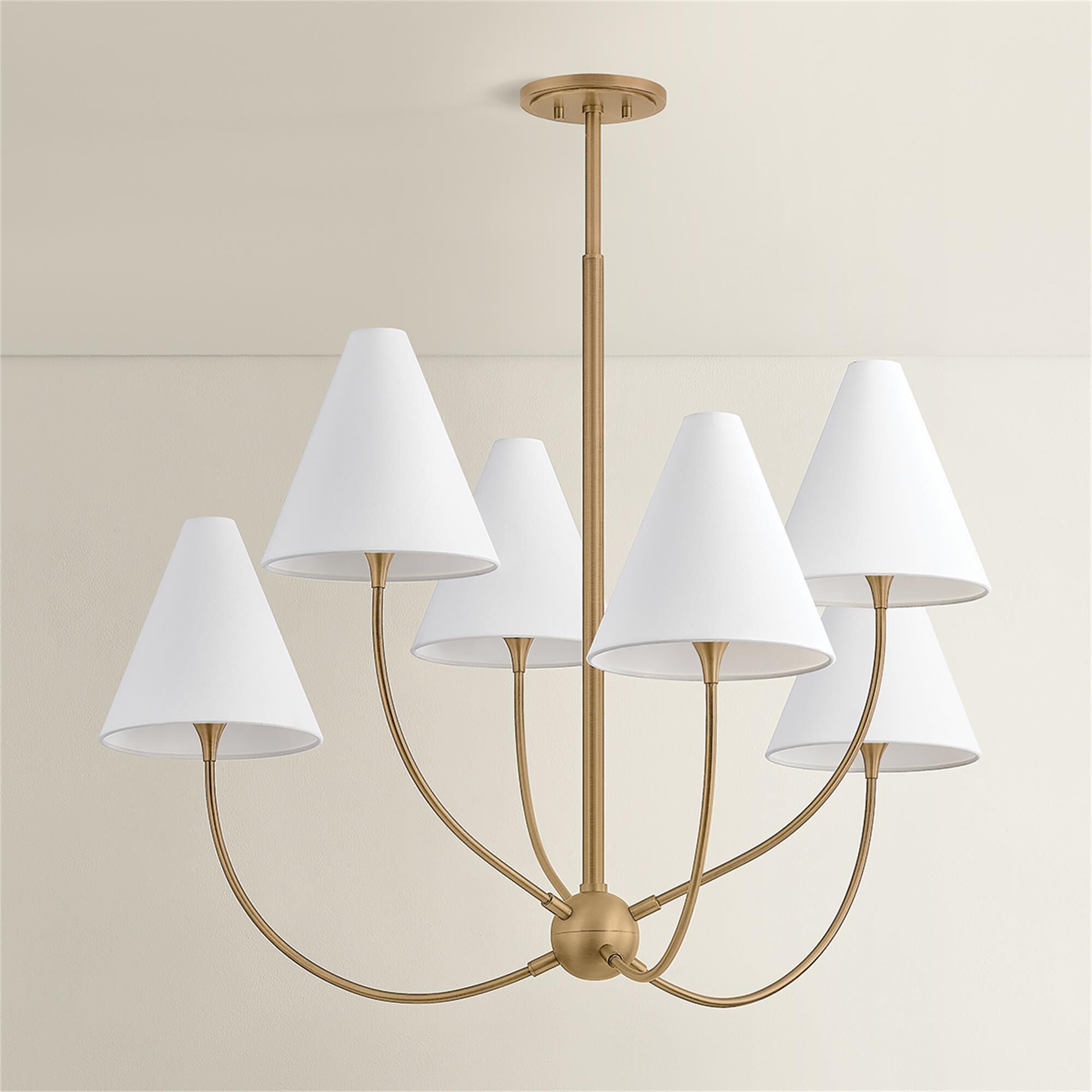 Shown in Patina Brass finish and Off White Linen shade