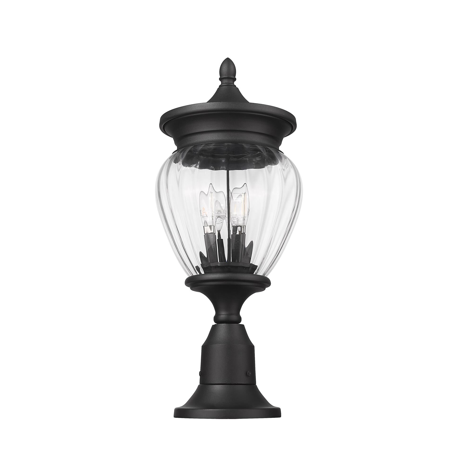 Shown in Black finish and Clear Ribbed glass and Clear Ribbed shade