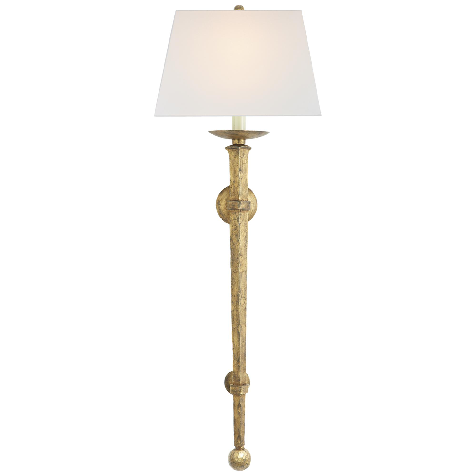 Shown in Gilded Iron finish and Linen shade