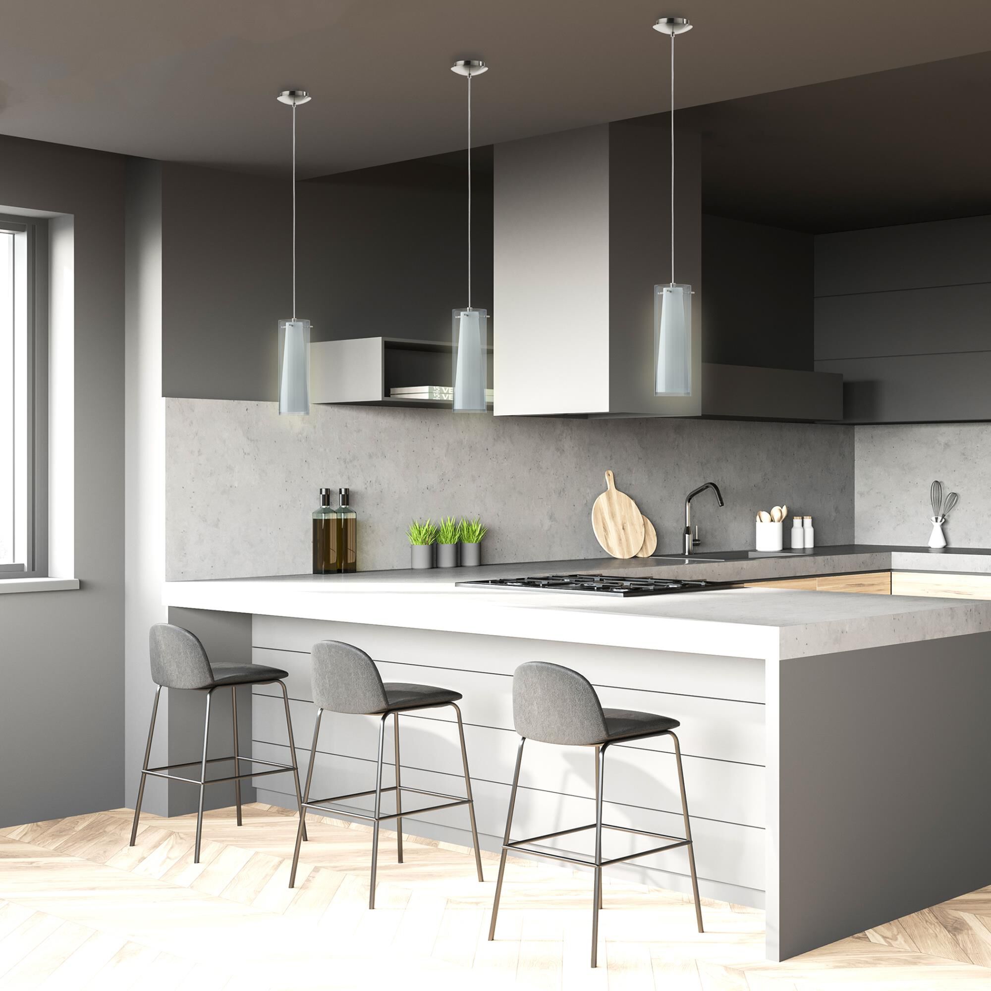 Shown in Matte Nickel finish and Smoked and White glass