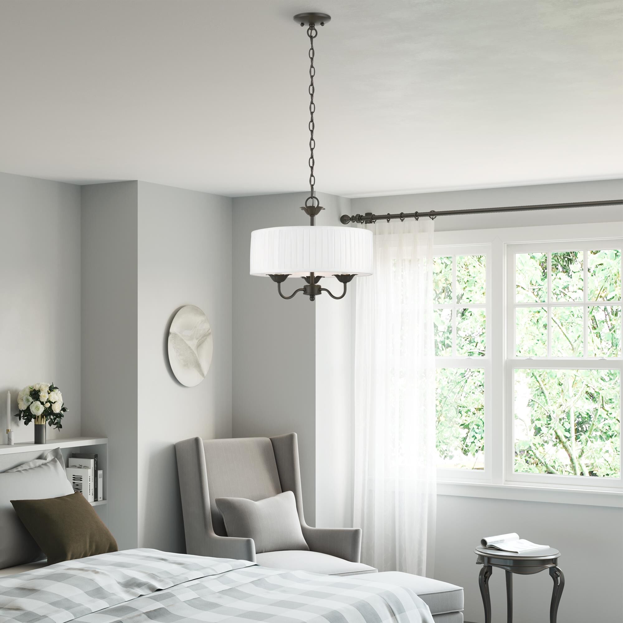 Shown in English Bronze finish and Off-White Fabric Hardback with White Fabric Inside shade