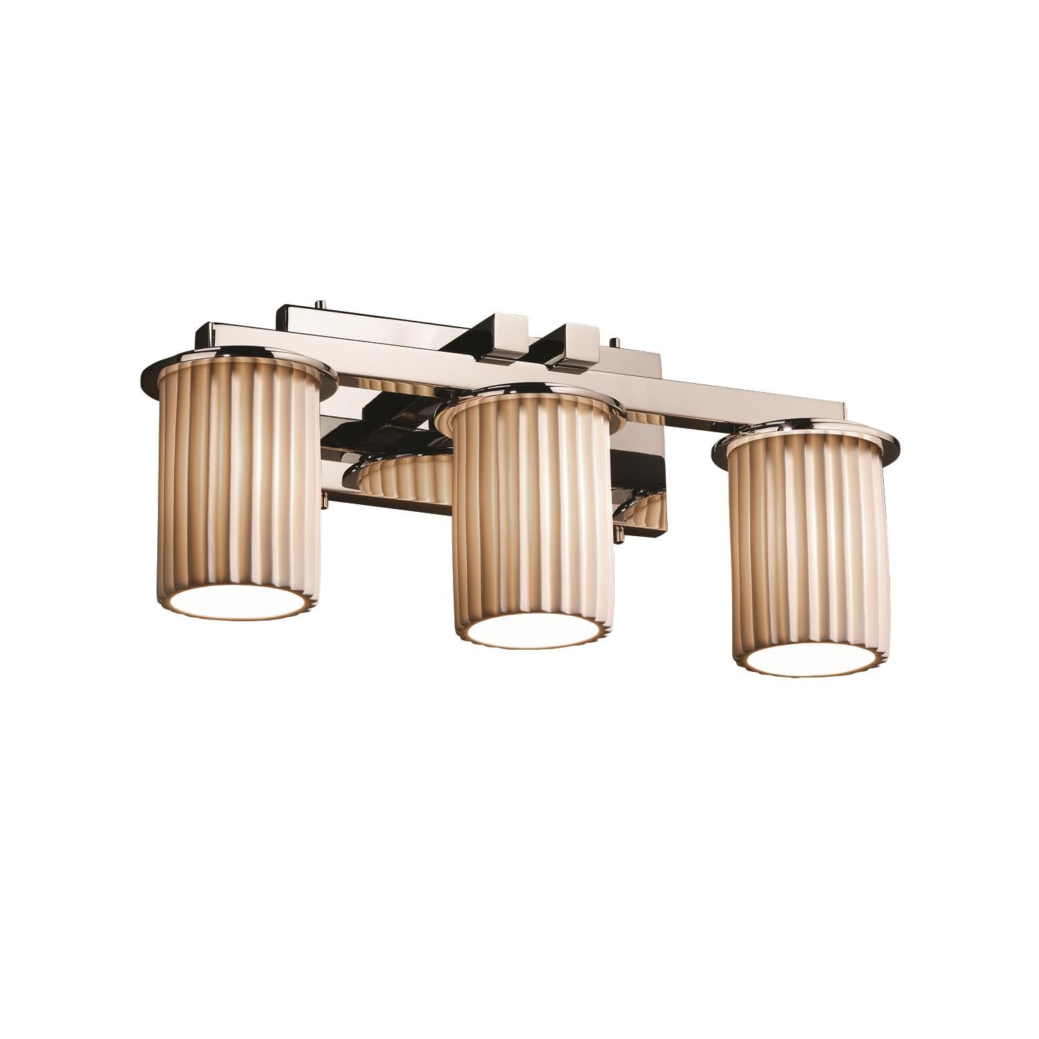 Shown in Polished Chrome finish and Translucent Porcelain glass and Pleats shade and Cylinder with Flat Rim accent