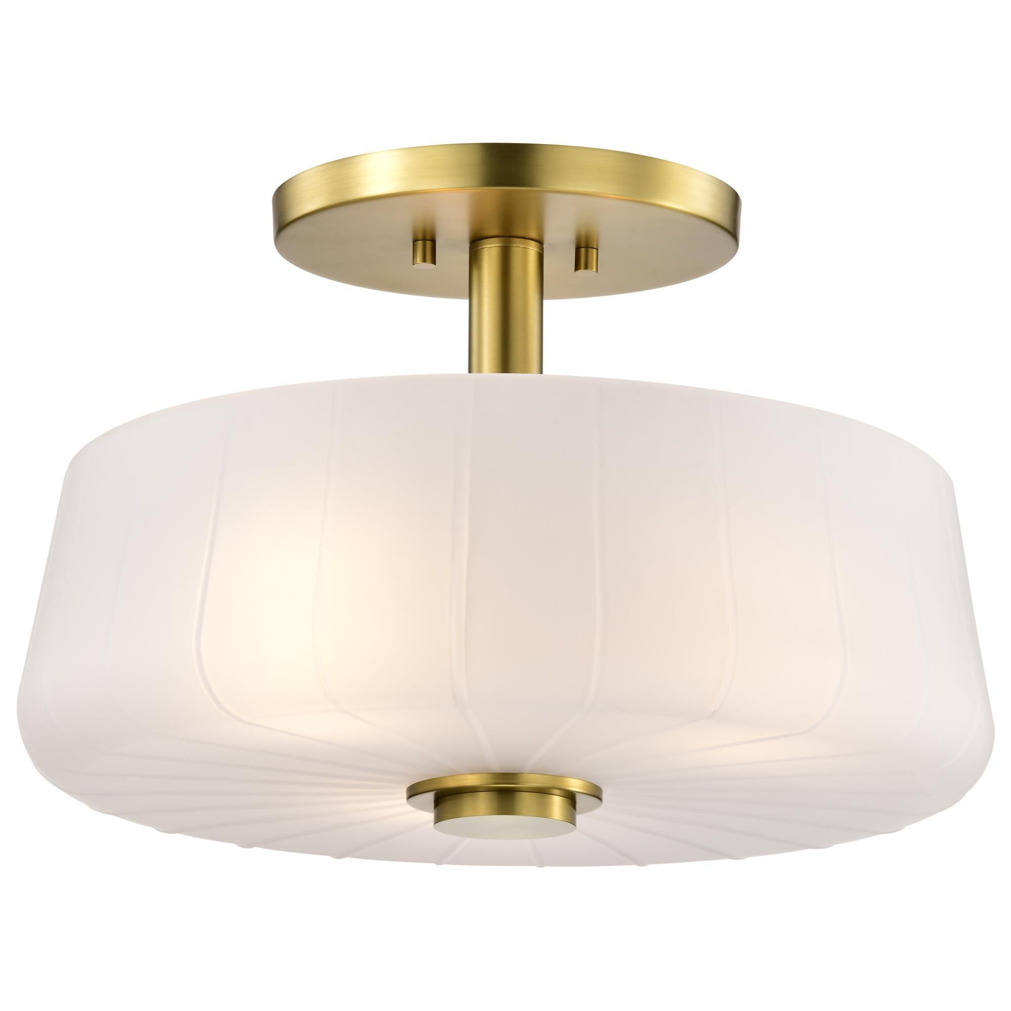 Shown in Vintage Brass finish and Etched White glass