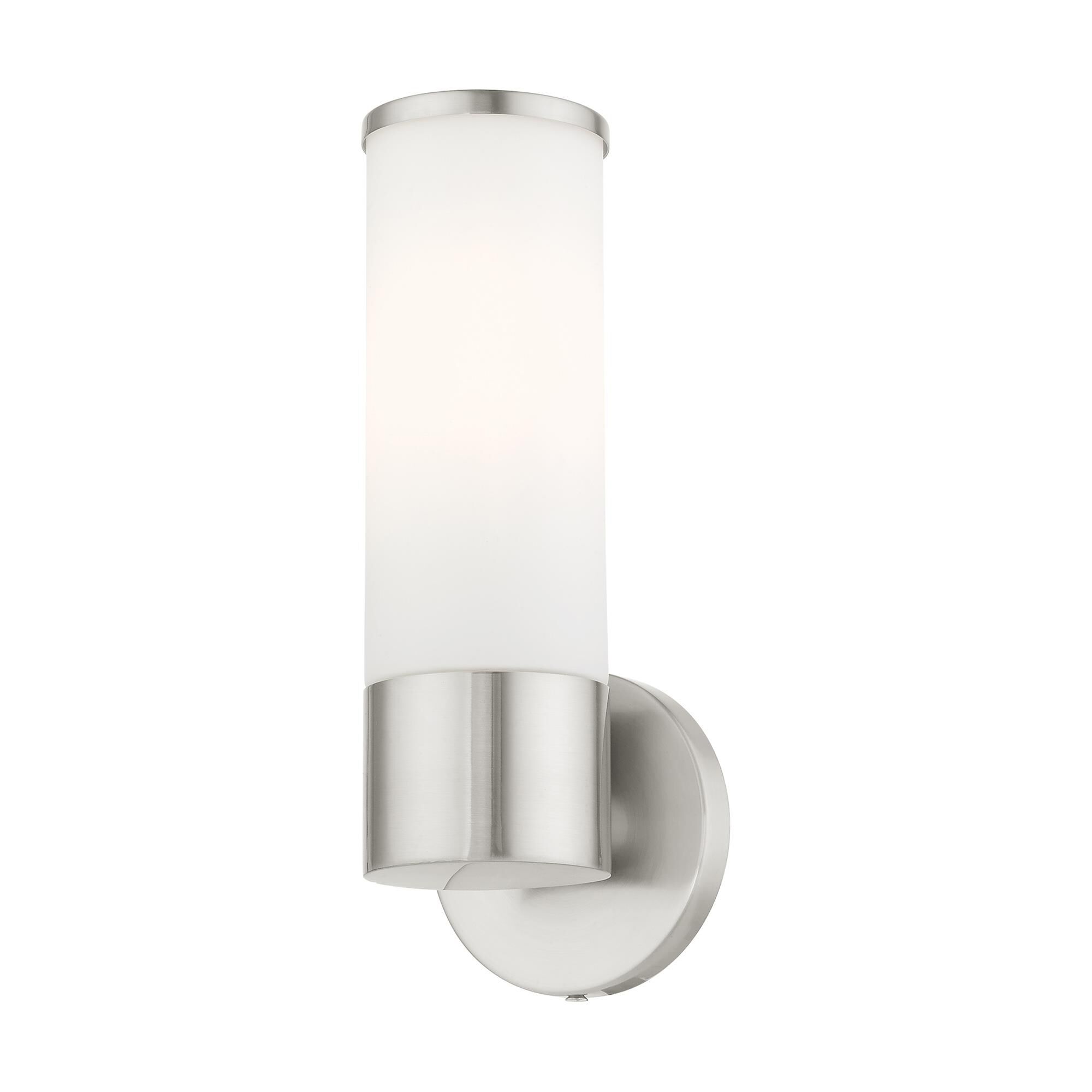Shown in Brushed Nickel finish and Satin Opal White glass