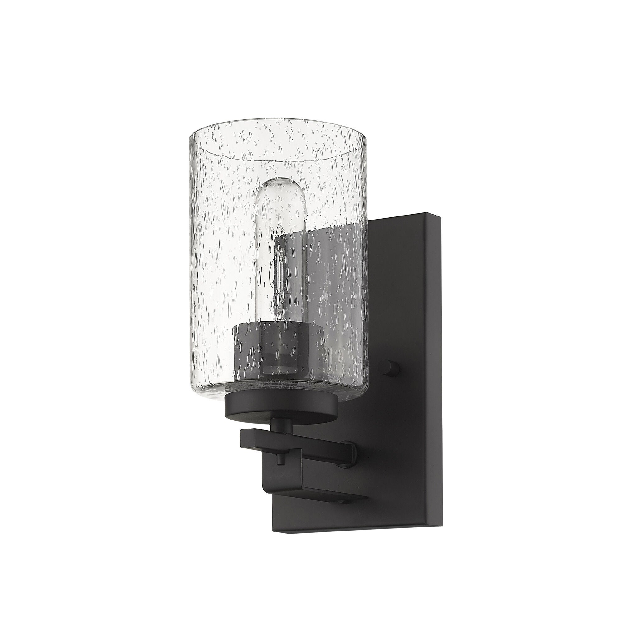 Shown in Oil-Rubbed Bronze finish and Clear glass and Clear, Seeded Cylindrical Glass shade