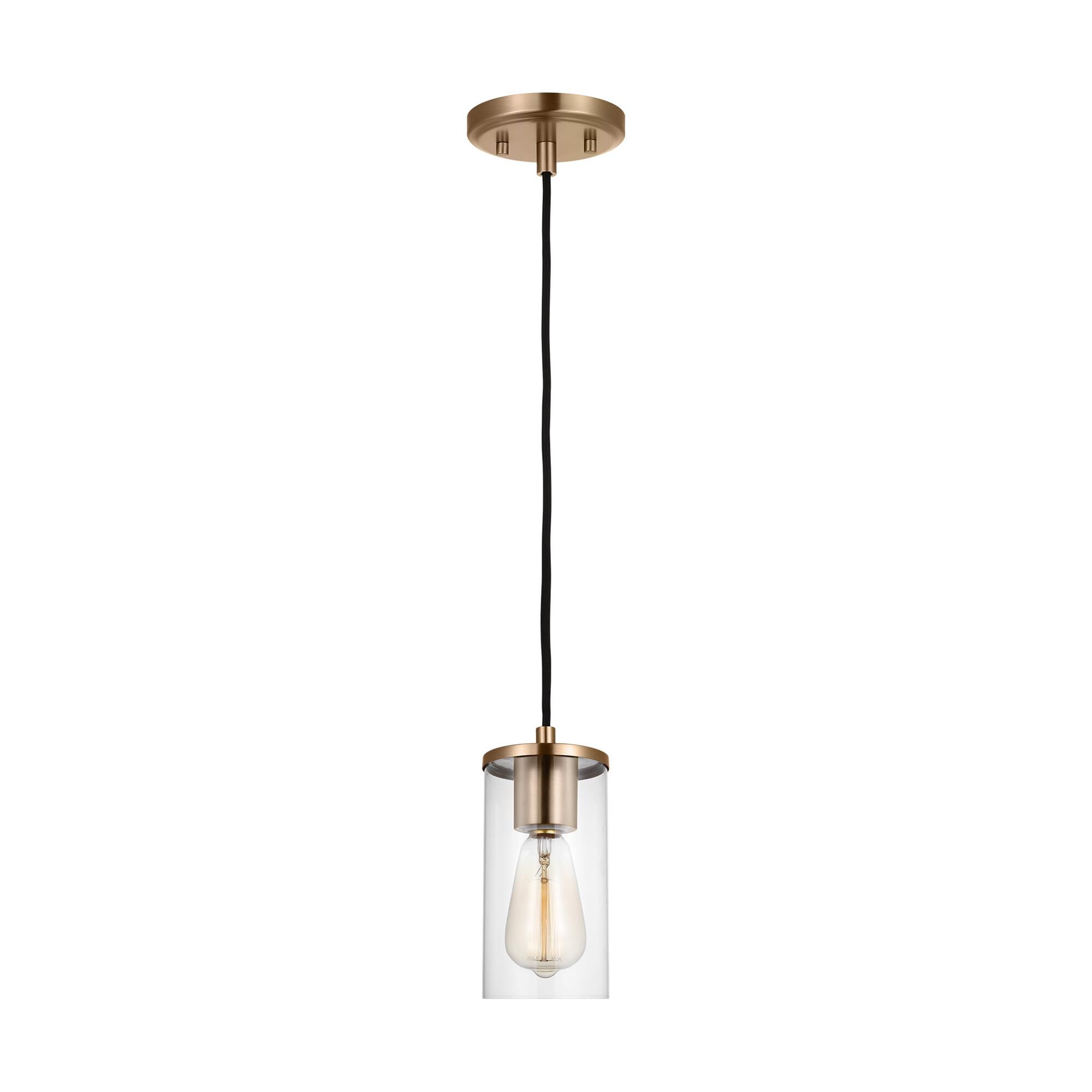 Shown in Satin Brass finish and Clear Glass shade