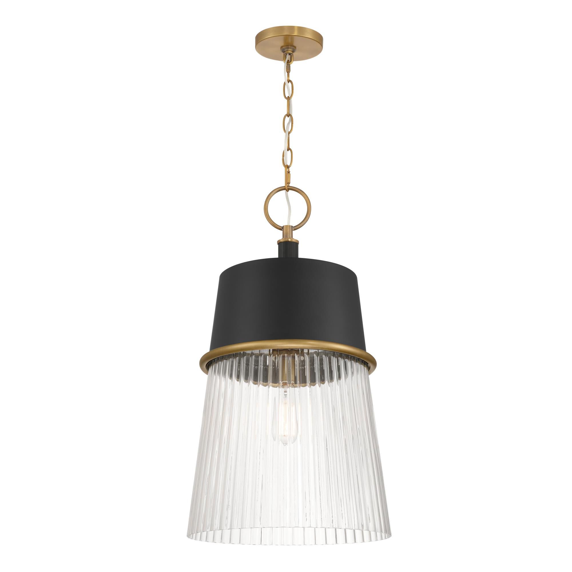 Shown in Legacy Brass & Dark Matte Blac finish and Clear glass and Ribbed Glass shade