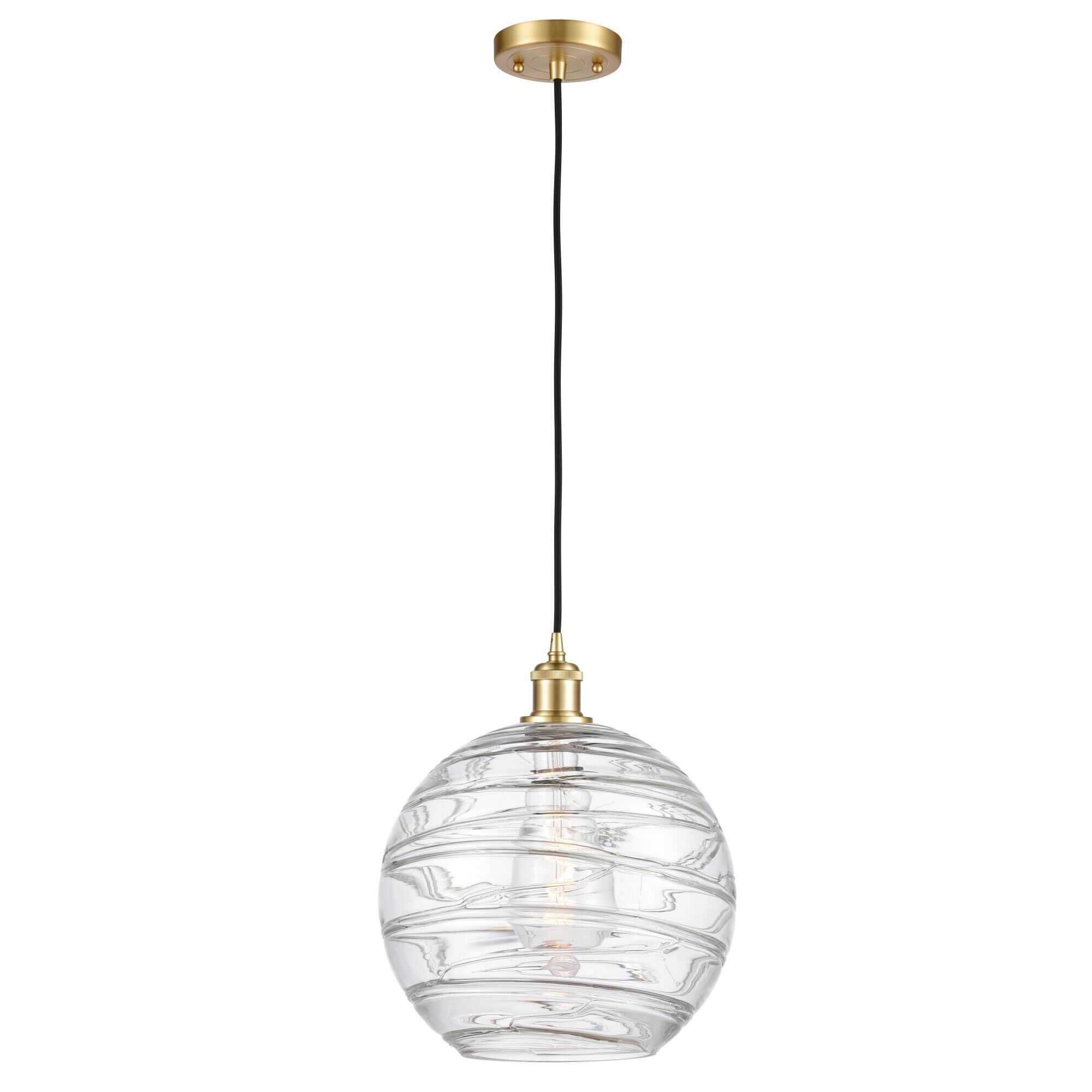 Shown in Satin Gold finish and Transparent Deco Swirl glass