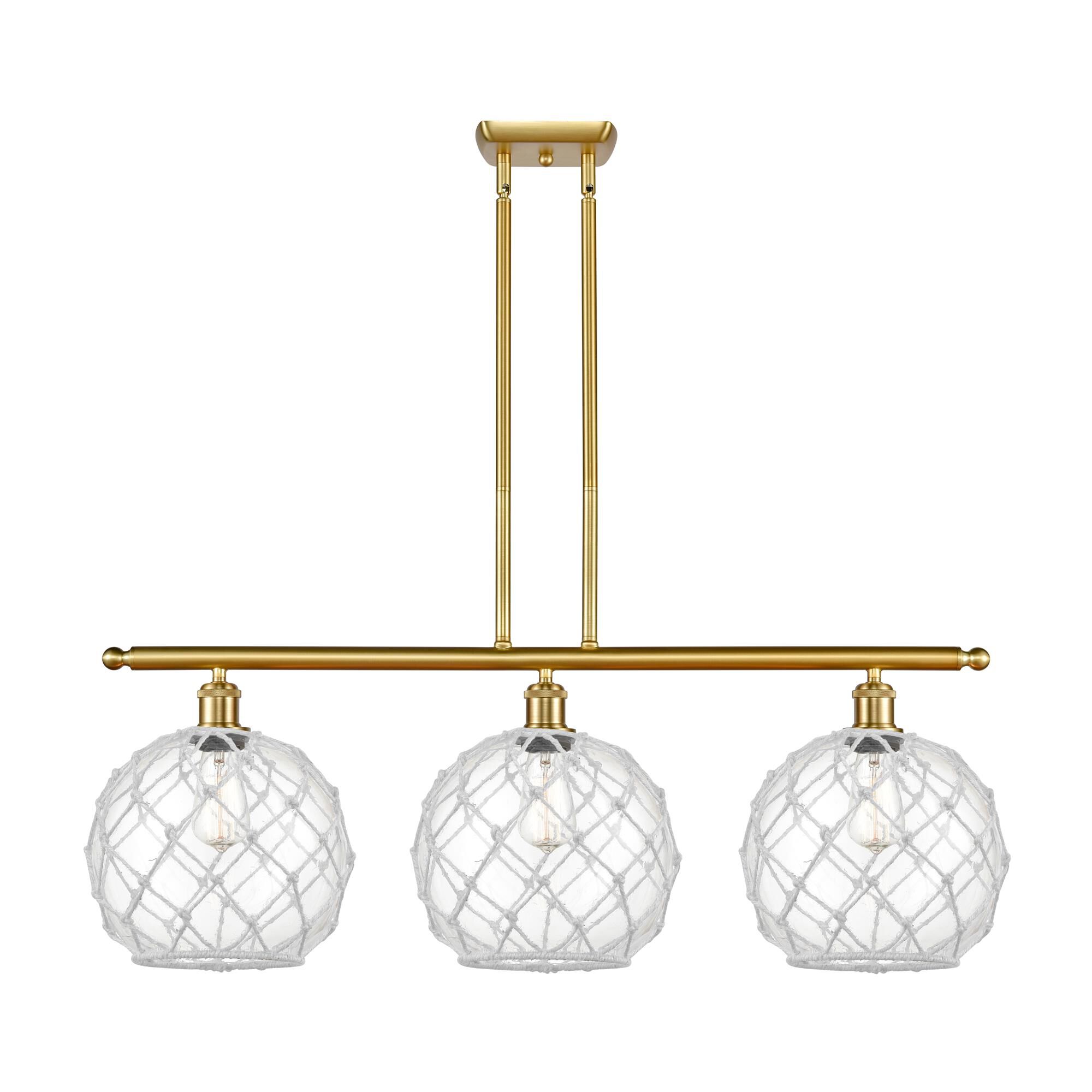 Shown in Satin Gold finish and Clear Large Farmhousewith White Rope glass