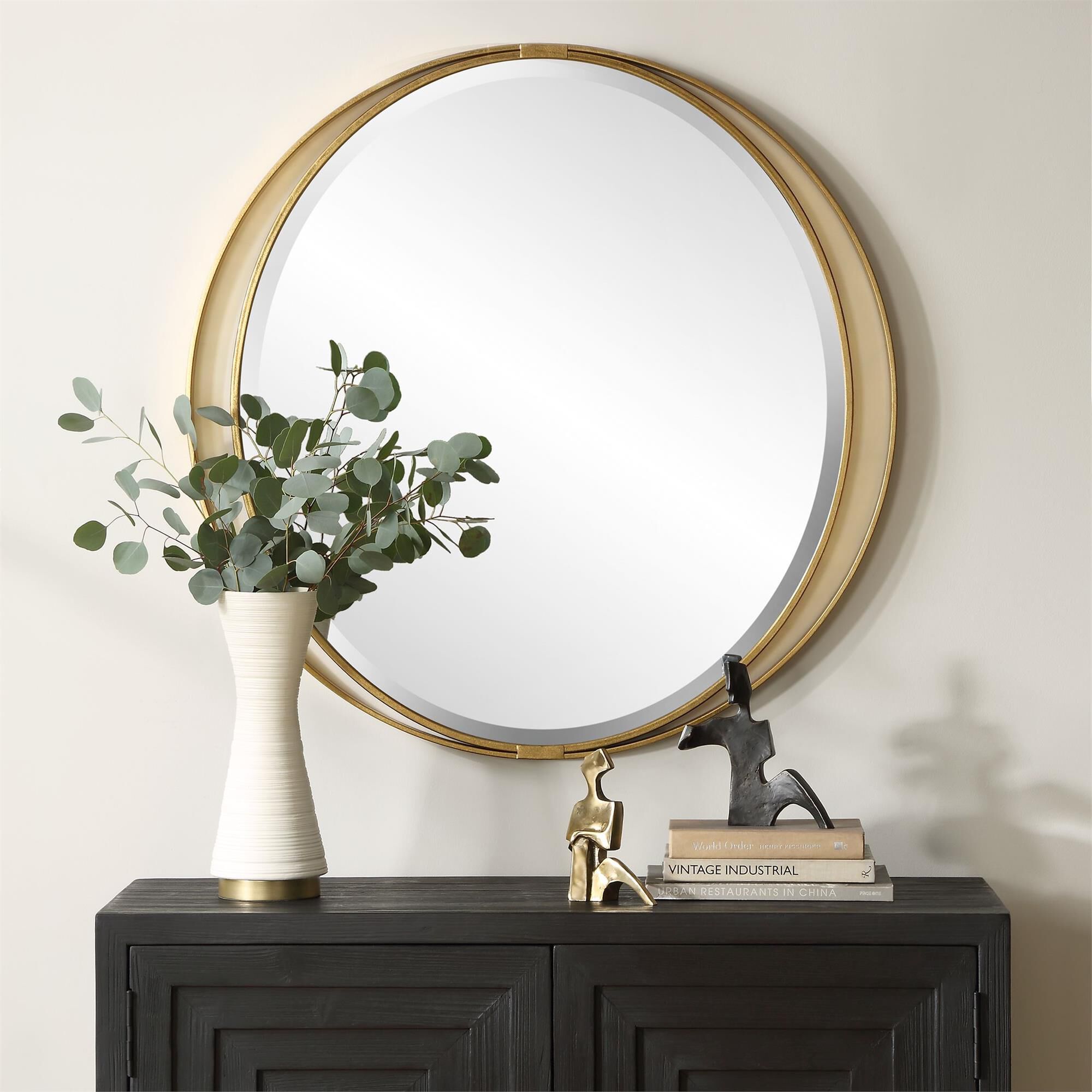 Shown in The Rhodes Round Mirror Features A Round Outer Iron Frame Surrounding An Inner Oval, Finished In A A finish