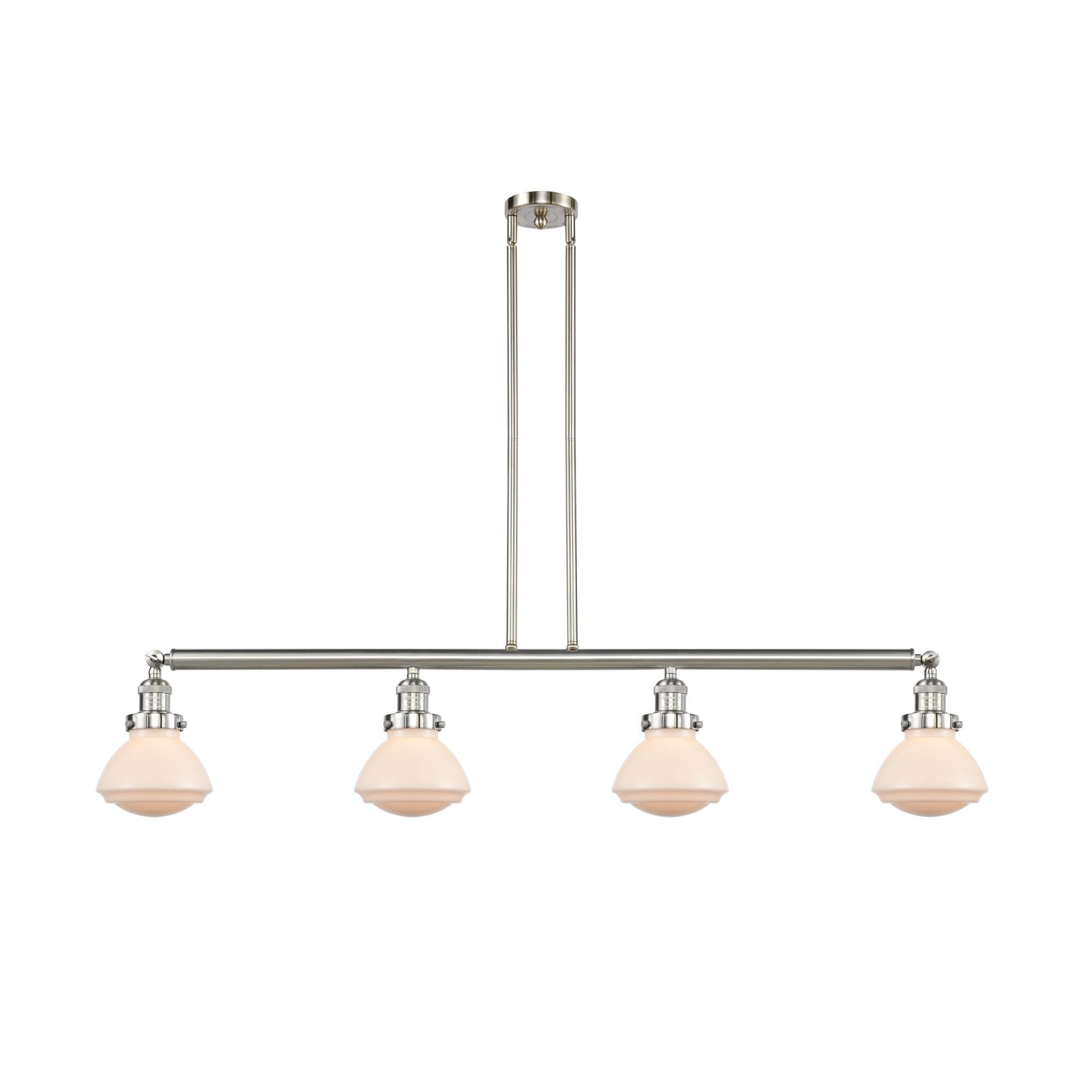 Shown in Brushed Satin Nickel finish and Matte White Olean glass