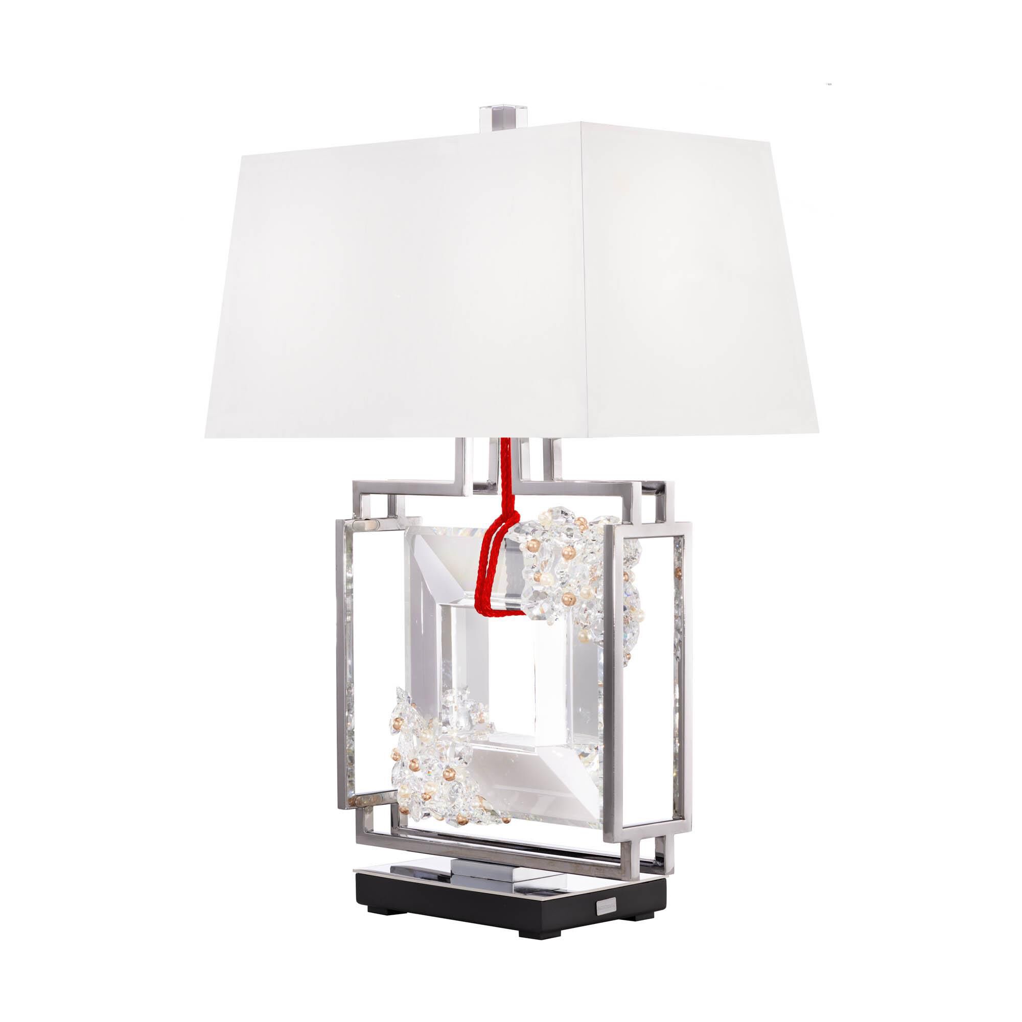 Shown in Polished Chrome With Red Rope finish and Radiance crystal and Fabric glass