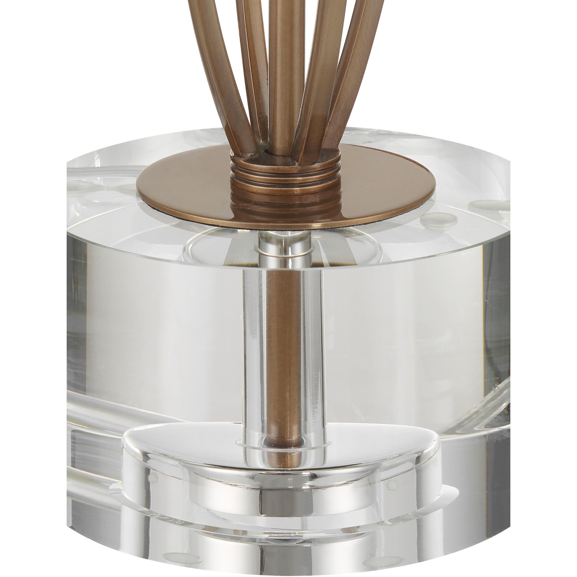 Shown in Antique Brass and Clear finish and Off-White Polyester/Round Coolie/Hardback shade