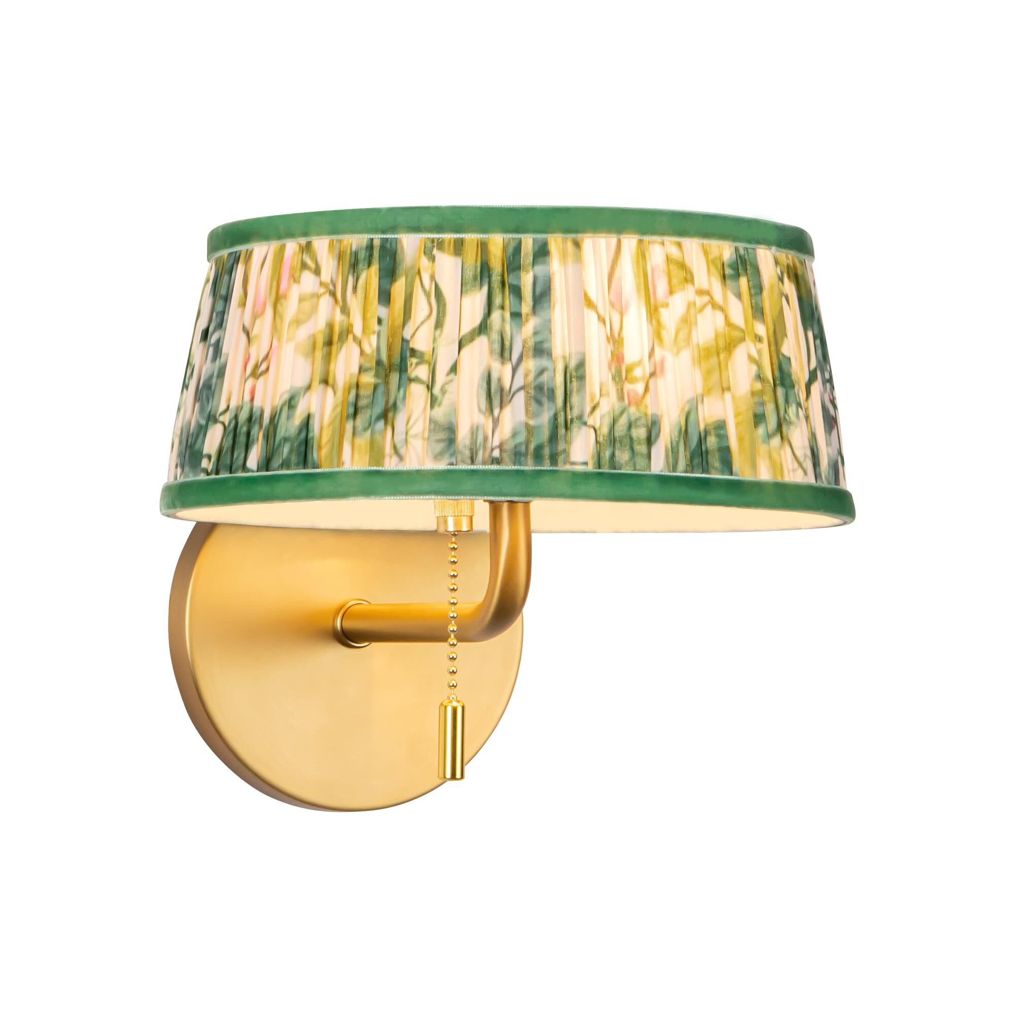 Shown in Brushed Gold finish and Green Linen shade