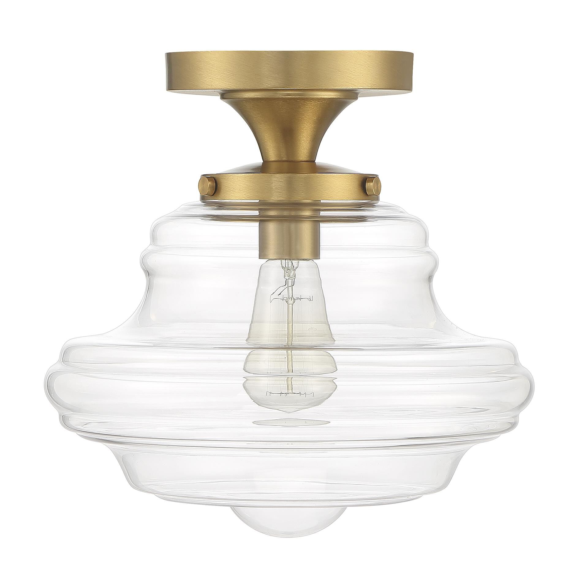 Shown in Natural Brass finish and Clear glass and Glass shade