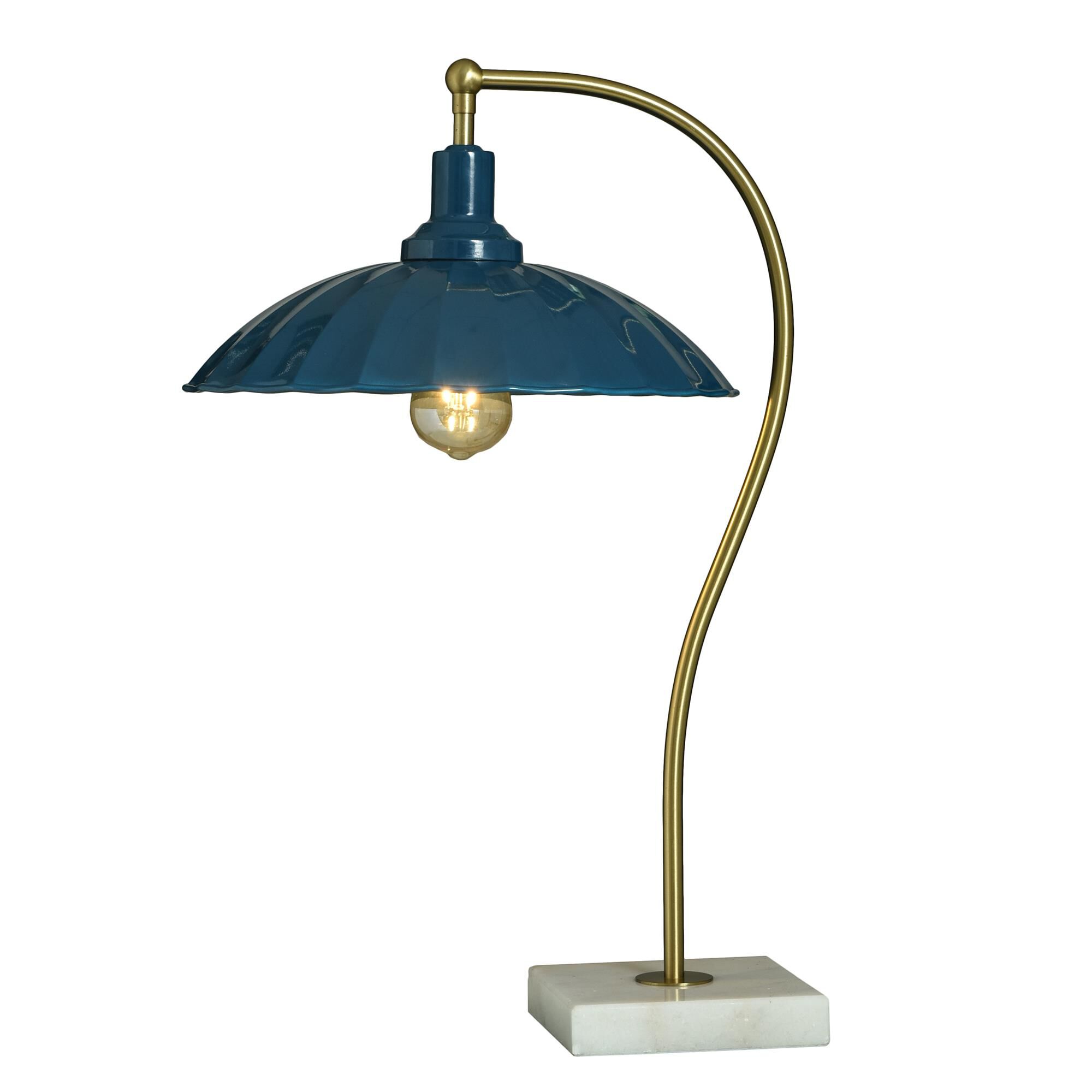 Shown in Polished Brass and White Marble finish and Glossy Navy shade