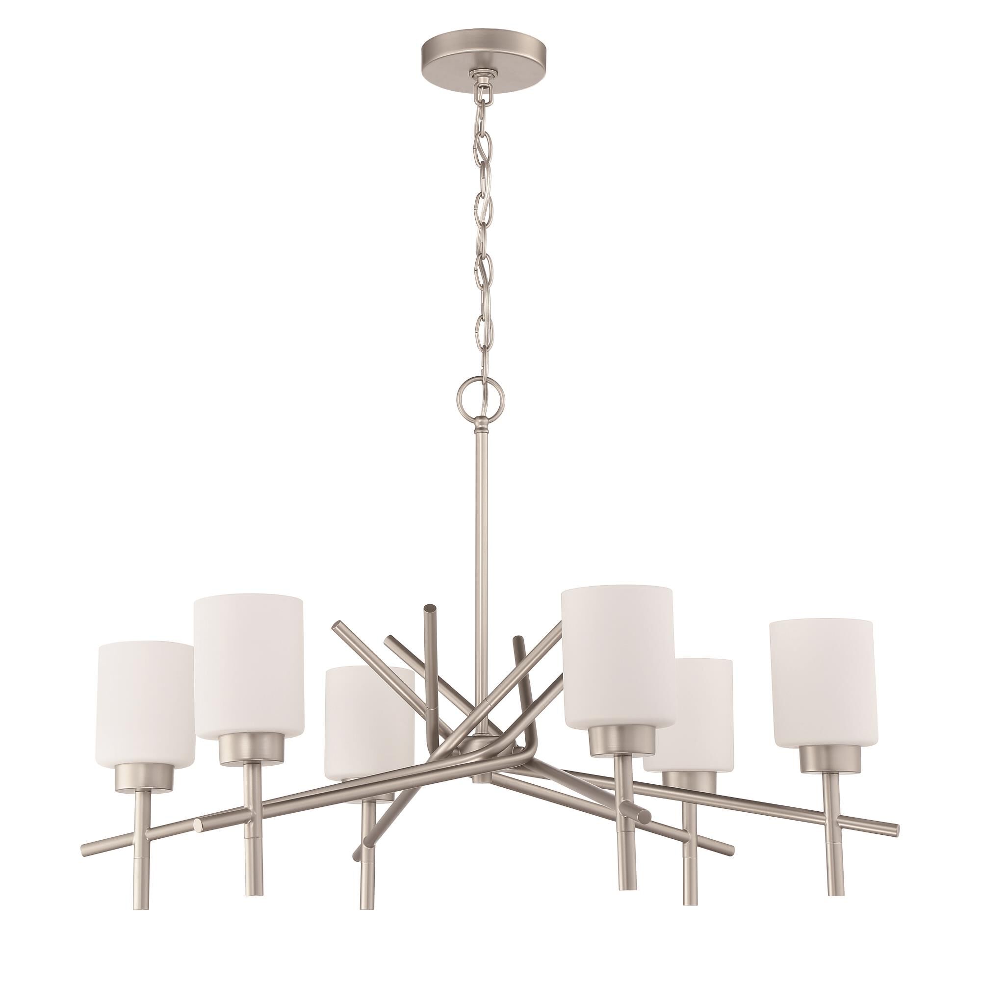 Shown in Satin Nickel finish and White Frosted glass and Glass shade