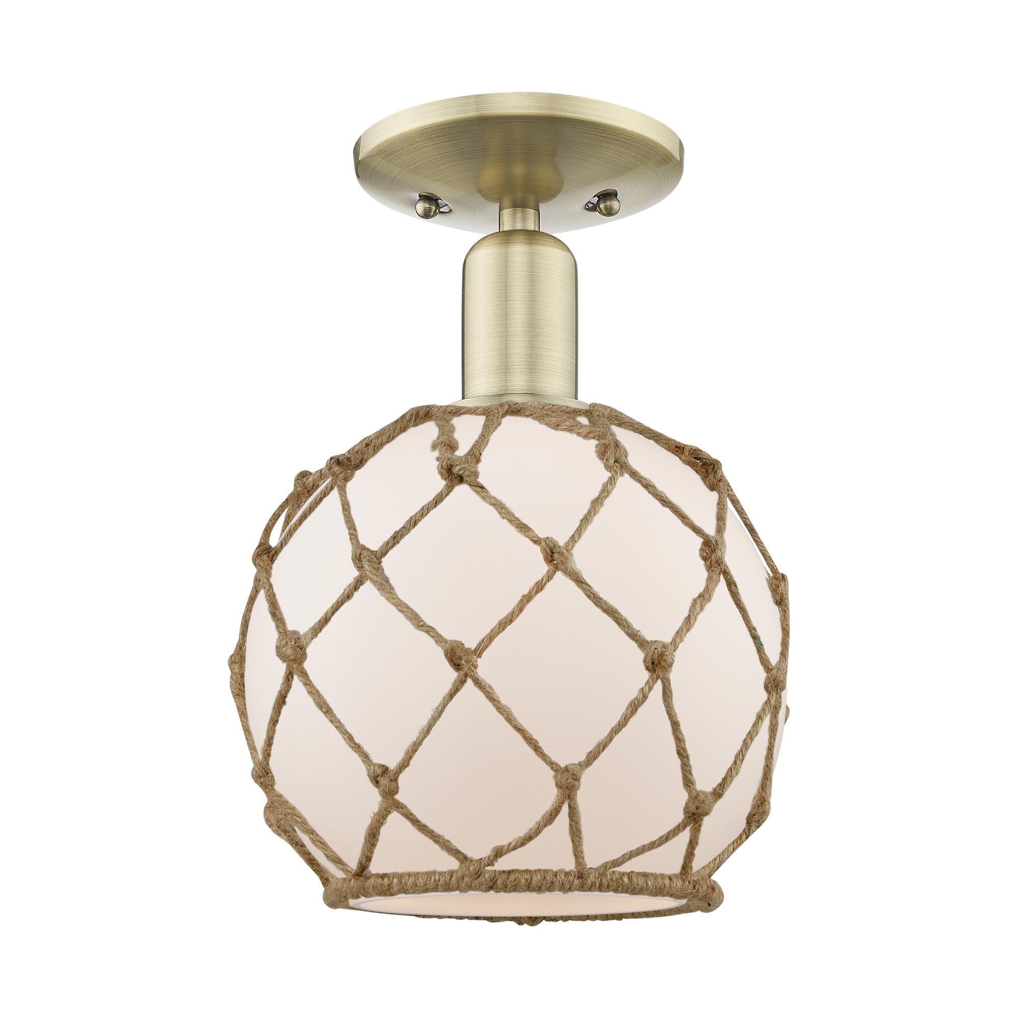 Shown in Antique Brass finish and White with Brown Rope glass