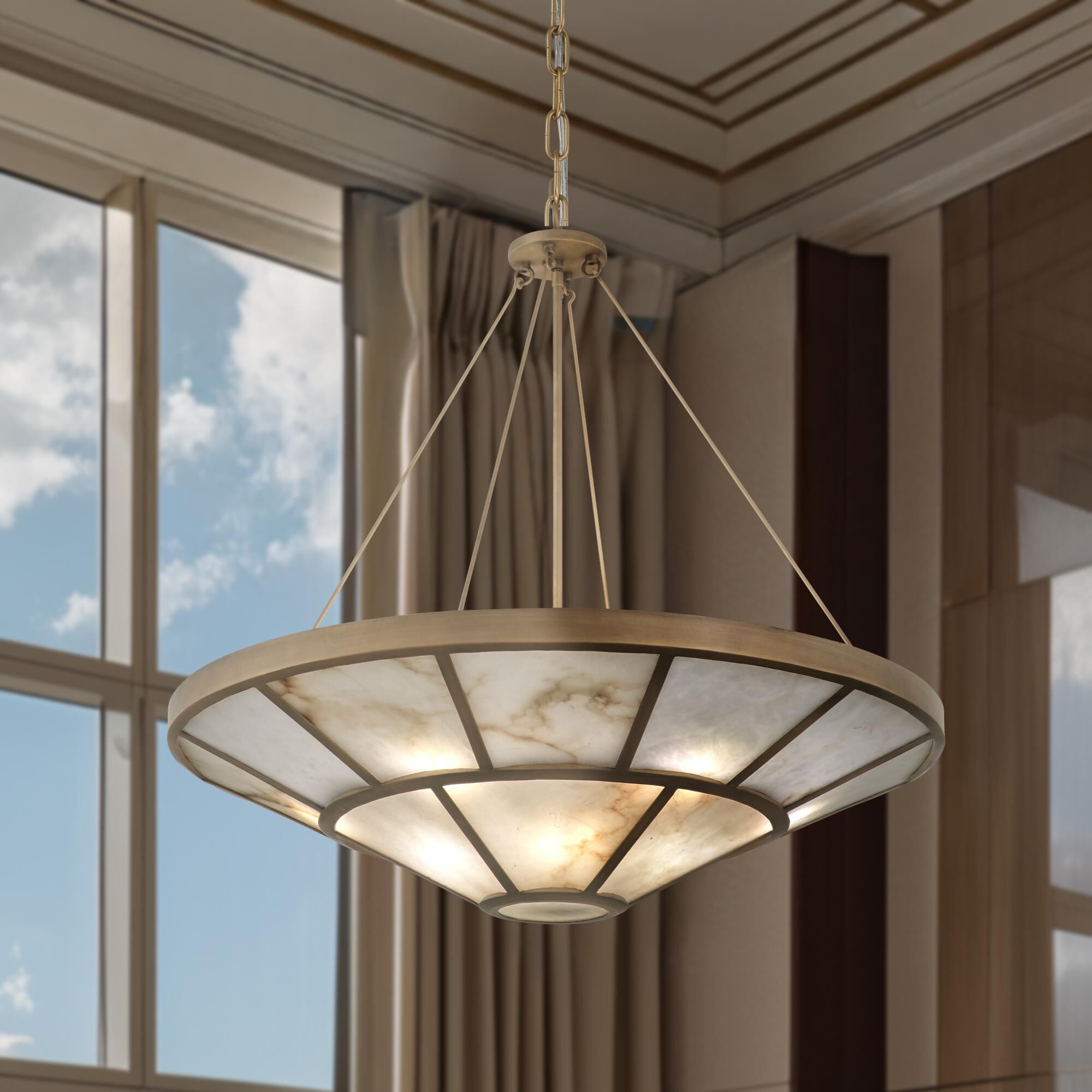 Shown in Ashen Gold finish and Alabaster White glass