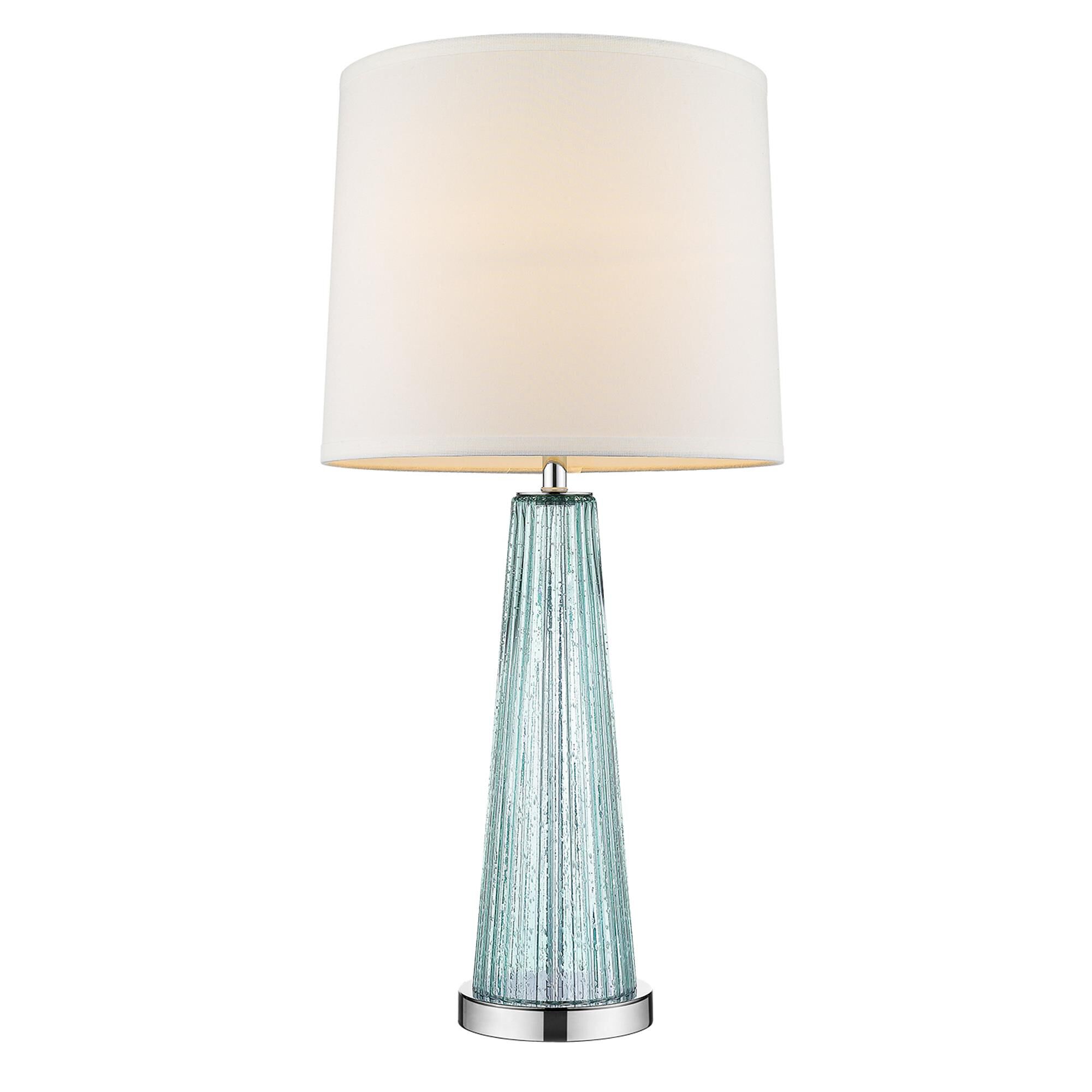 Shown in Polished Chrome finish and Off-White glass and Off-White Shantung shade