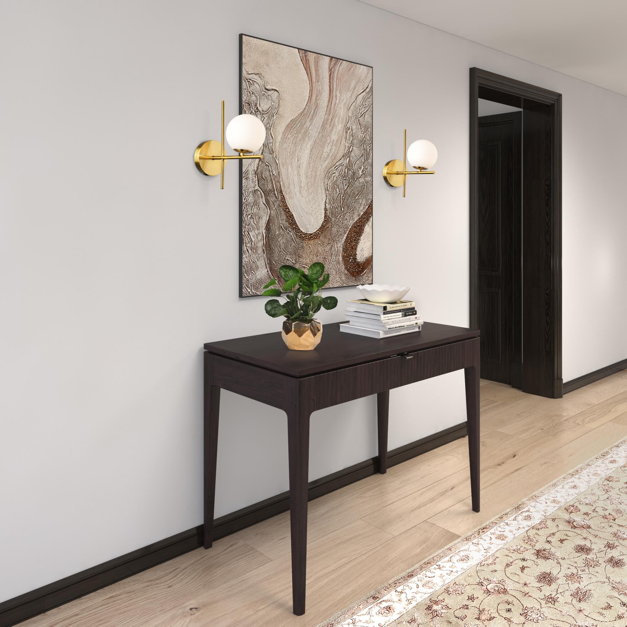 Shown in Plated Brushed Brass finish and White glass