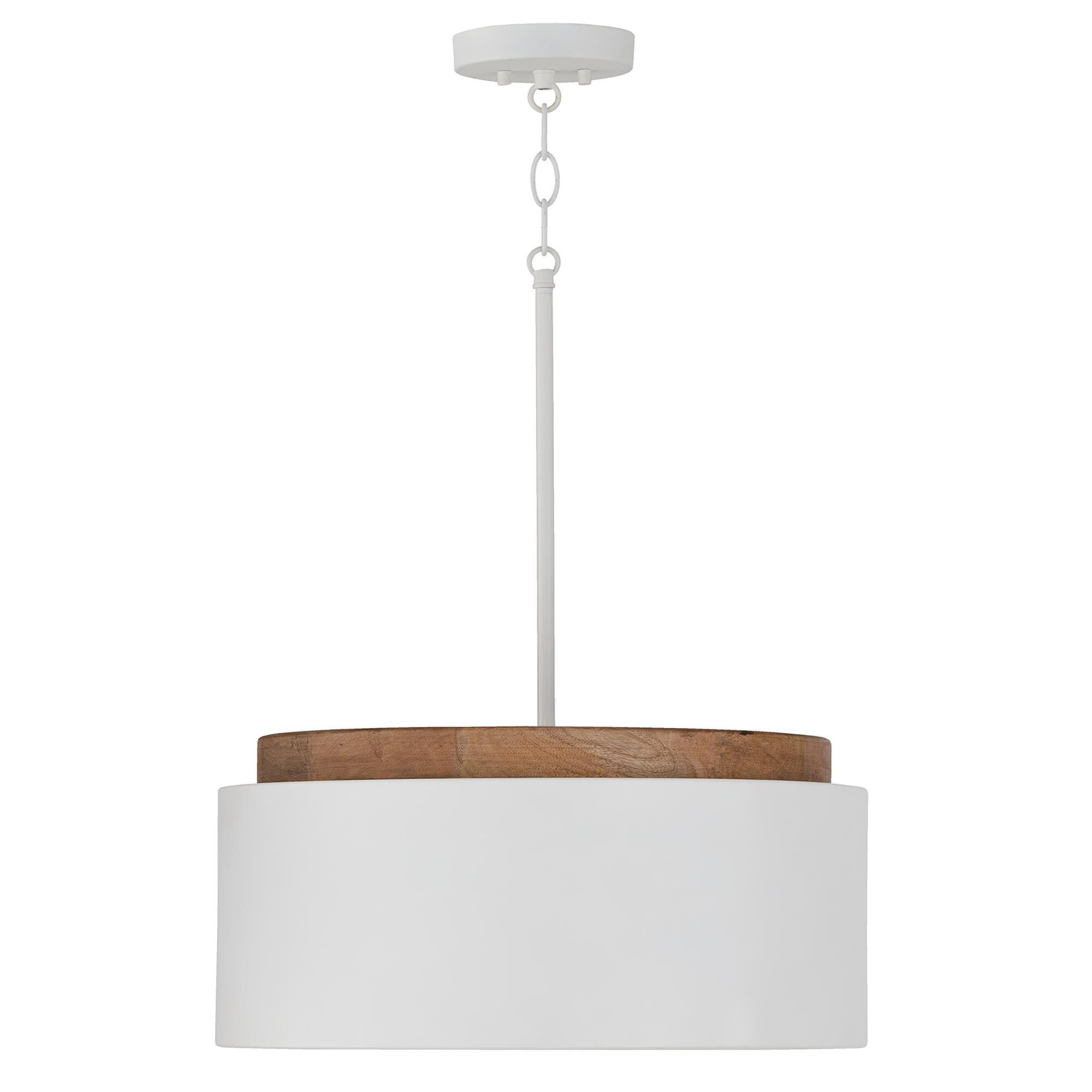Shown in Light Wood And White finish and Soft White  Orb glass and Matte White Metal shade