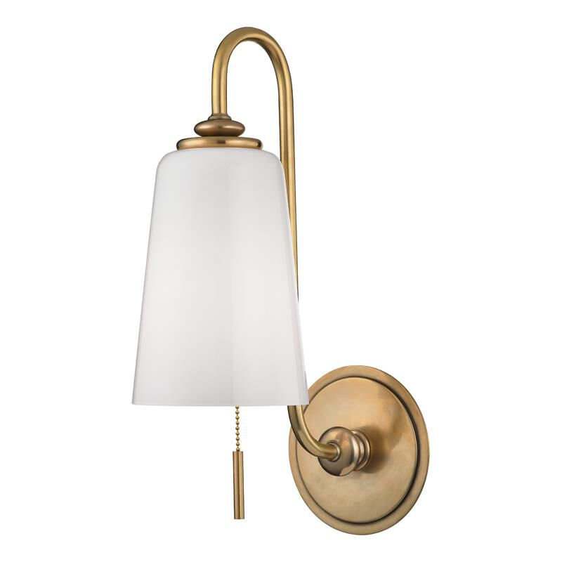 Shown in Aged Brass finish and White glass