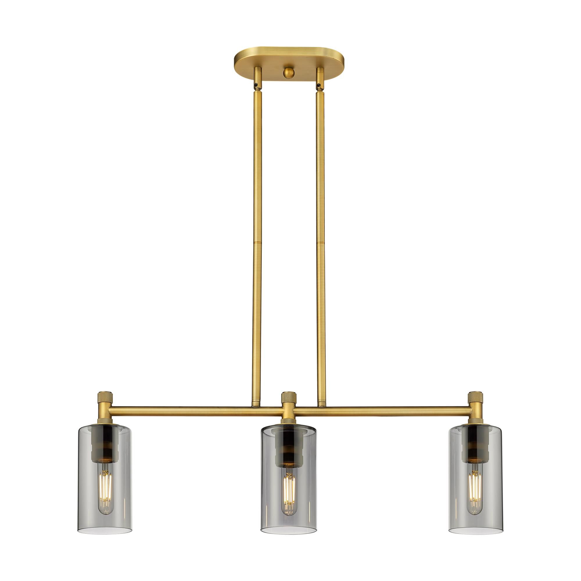 Shown in Brushed Brass finish and Plated Smoke glass and Plated Smoke Glass shade