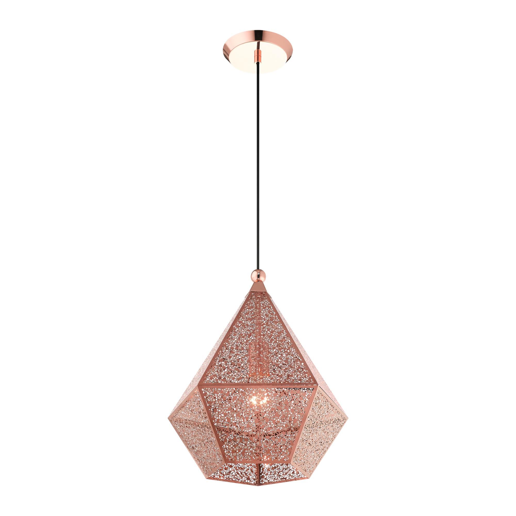 Shown in Rose Gold finish and Rose Gold Filigreed Metal Shade glass and Rose Gold Filigreed Metal shade