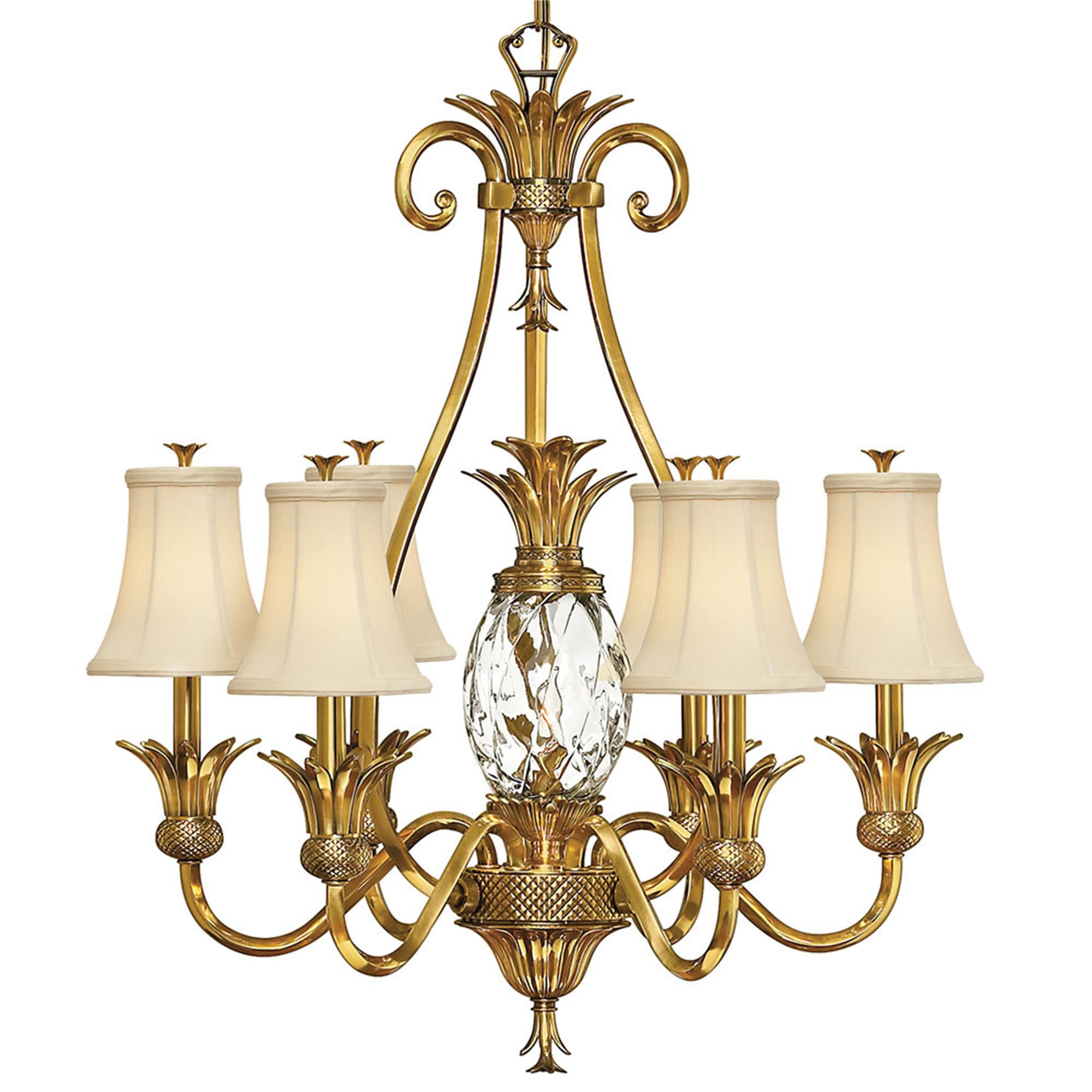 Shown in Burnished Brass finish and Clear Optic glass and Ivory Silk shade