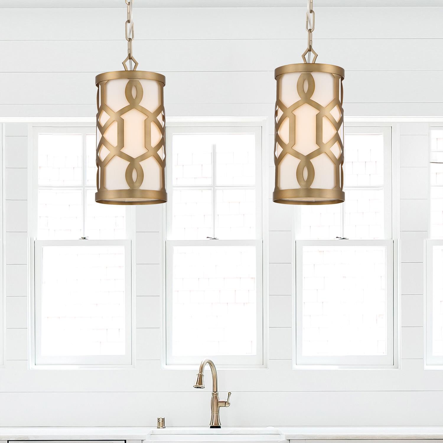 Shown in Aged Brass finish and White Linen glass and White Linen shade