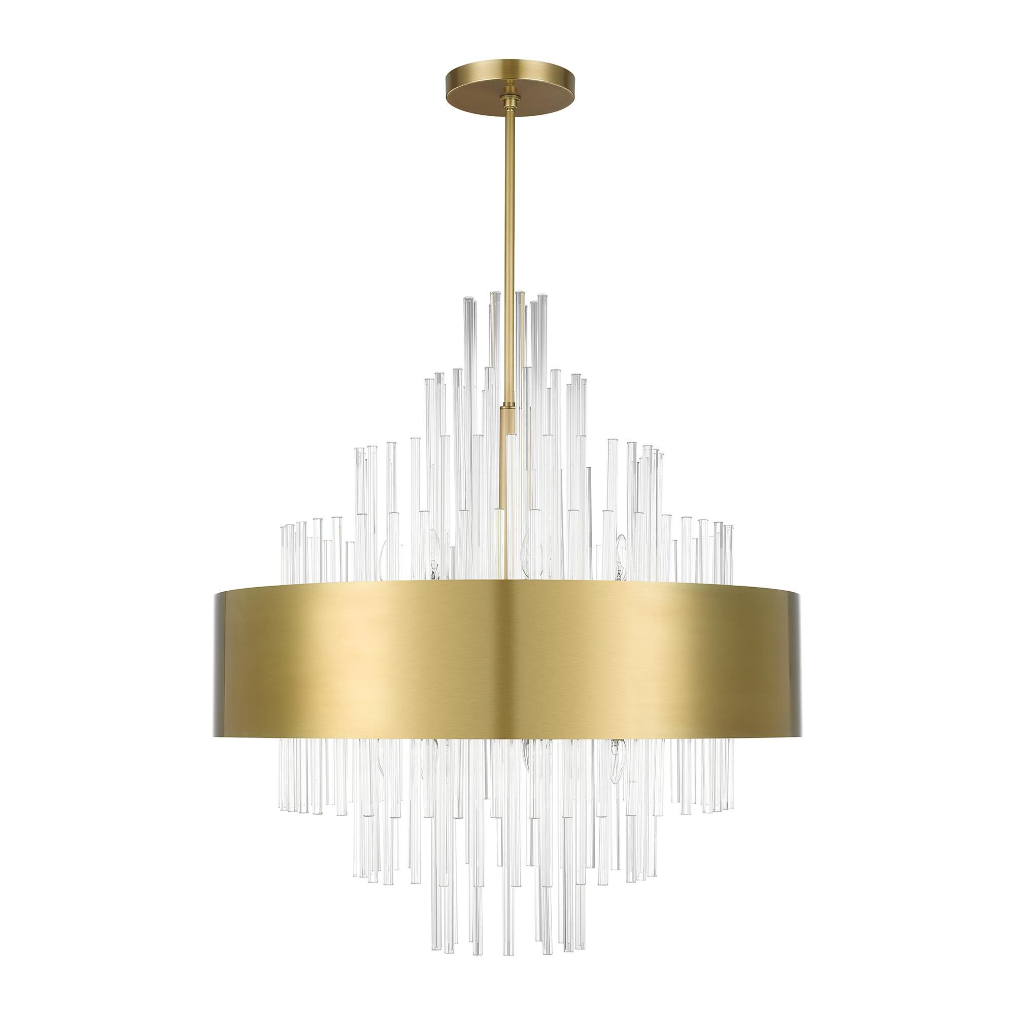Shown in Natural Brass finish and Clear Crystal Rods glass