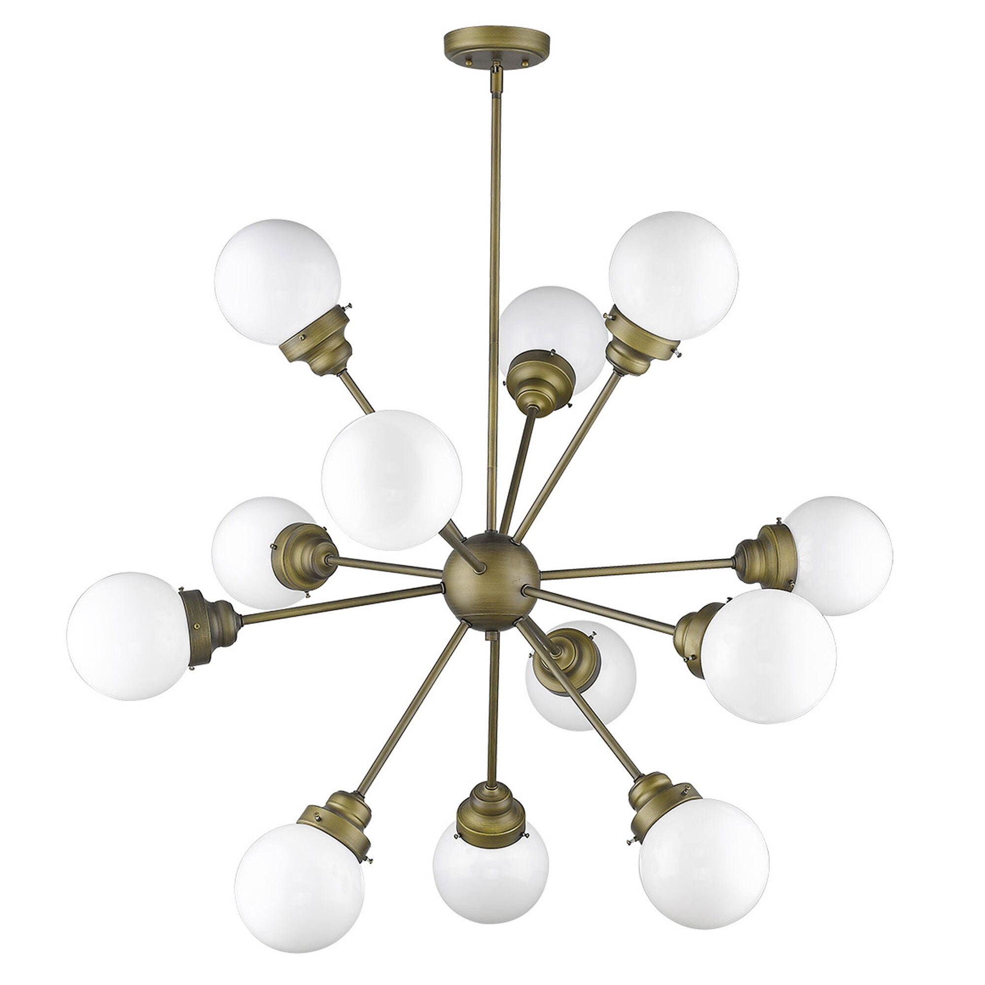 Shown in Raw Brass finish and Opal glass and Opal, Glass Globes shade