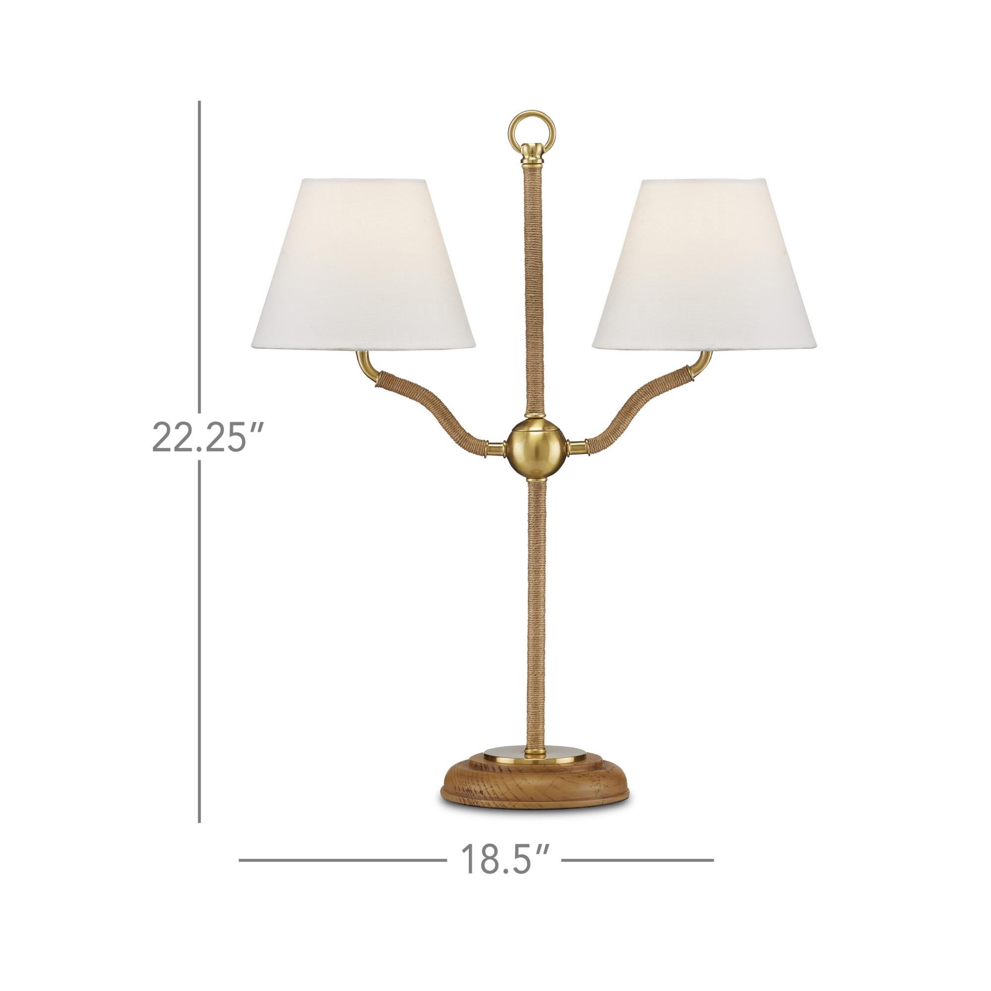 Shown in Natural/Antique Brass finish and Off-White Linen shade