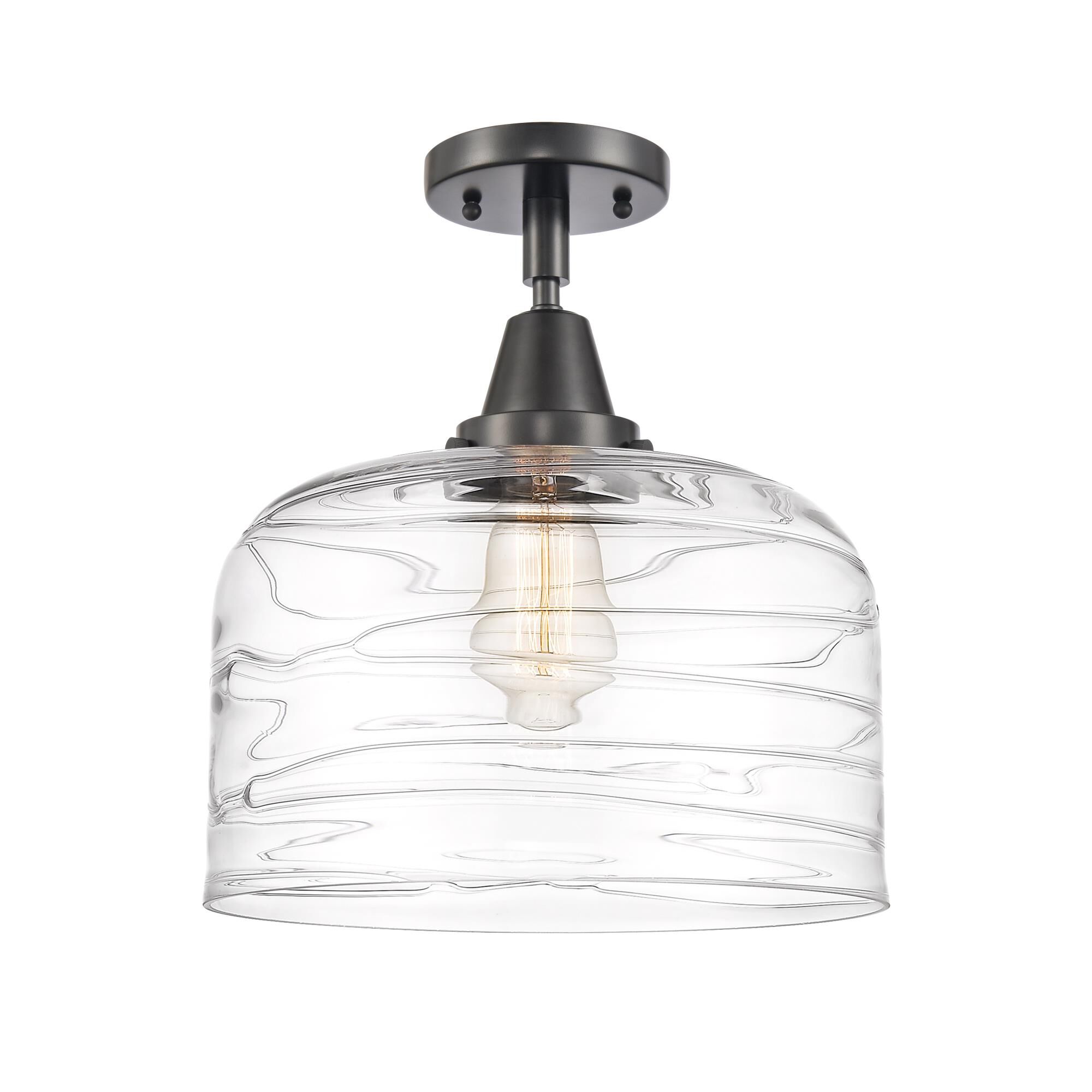 Shown in Matte Black finish and Clear Deco Swirl X-Large Bell glass