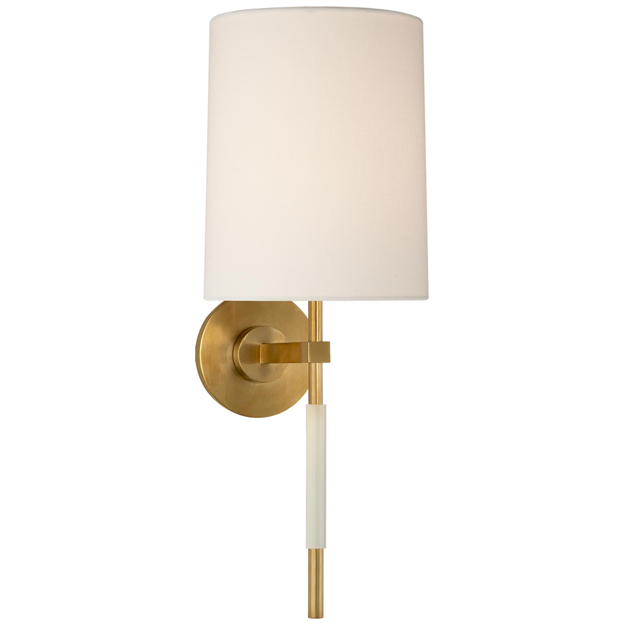Shown in Soft Brass finish and Linen shade