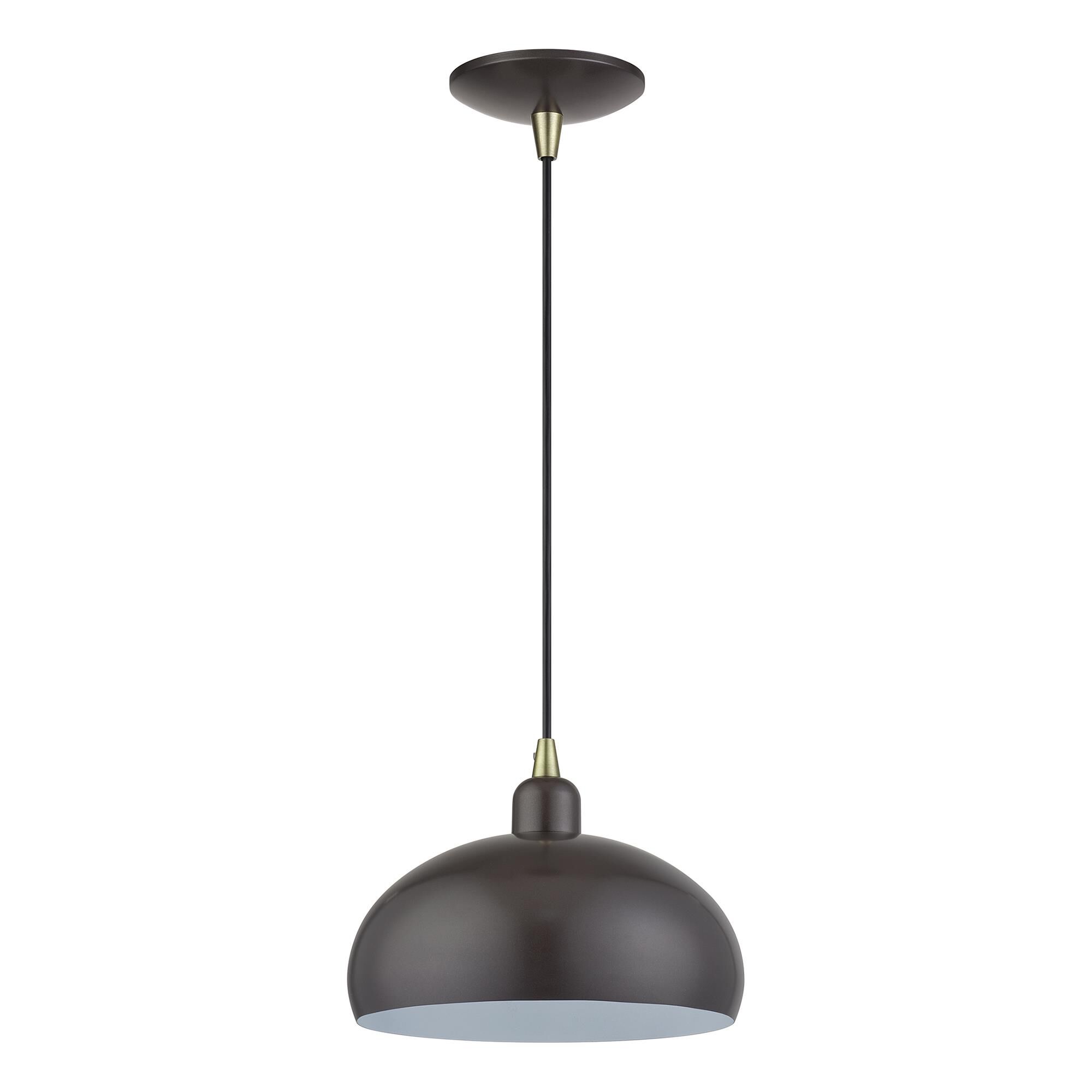 Shown in English Bronze with Antique Brass Accents finish and English Bronze Steel with Shiny White Inside shade