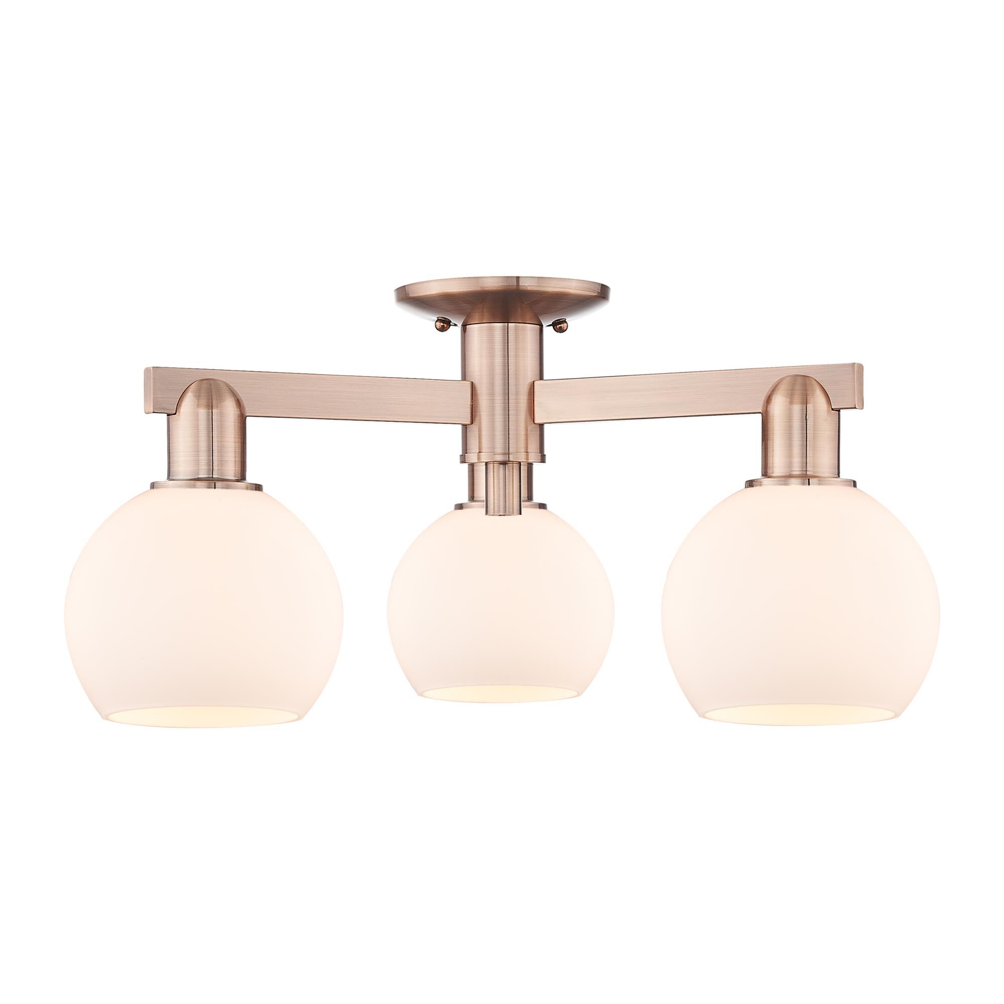 Shown in Antique Copper finish and Matte White glass