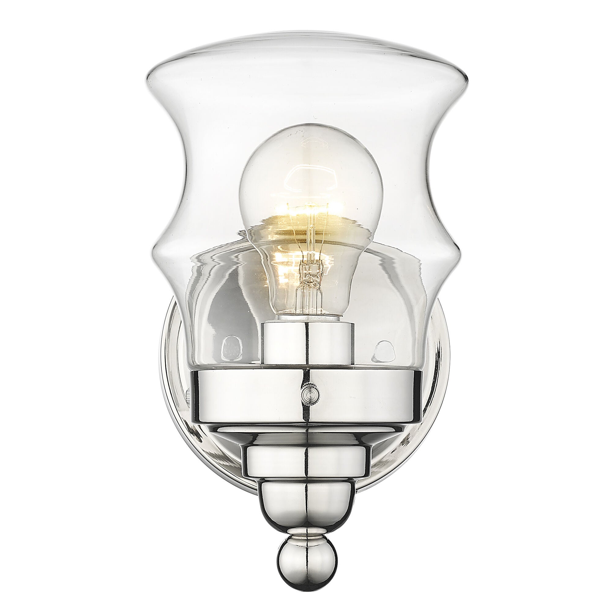 Shown in Polished Nickel finish and Clear Glass shade